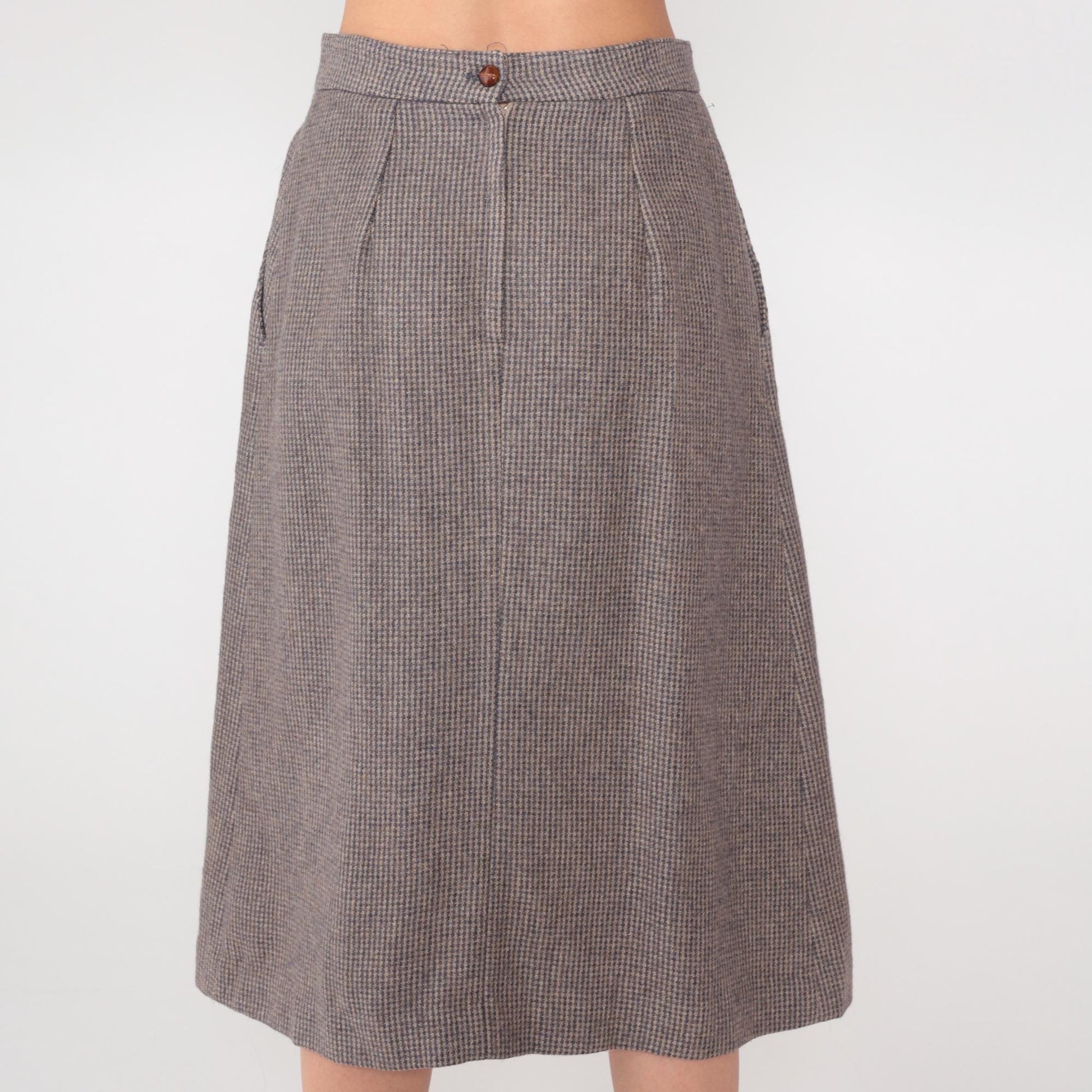 80s Clichy Wool Blend Checkered Midi Skirt Grey High Waisted Pleated Small