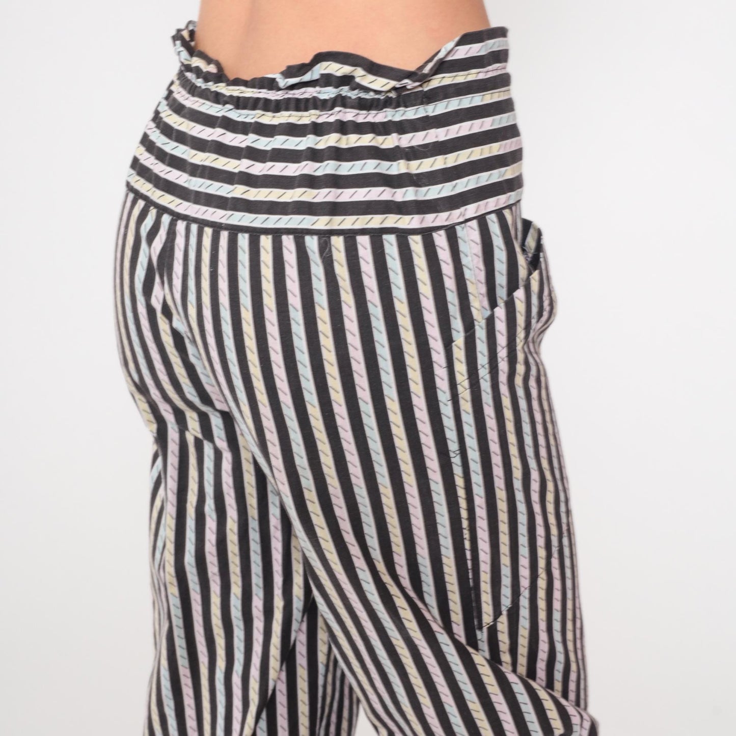 80s La Blanca Sport Striped High-Waist Drawstring Pants Black Pastel Extra Small