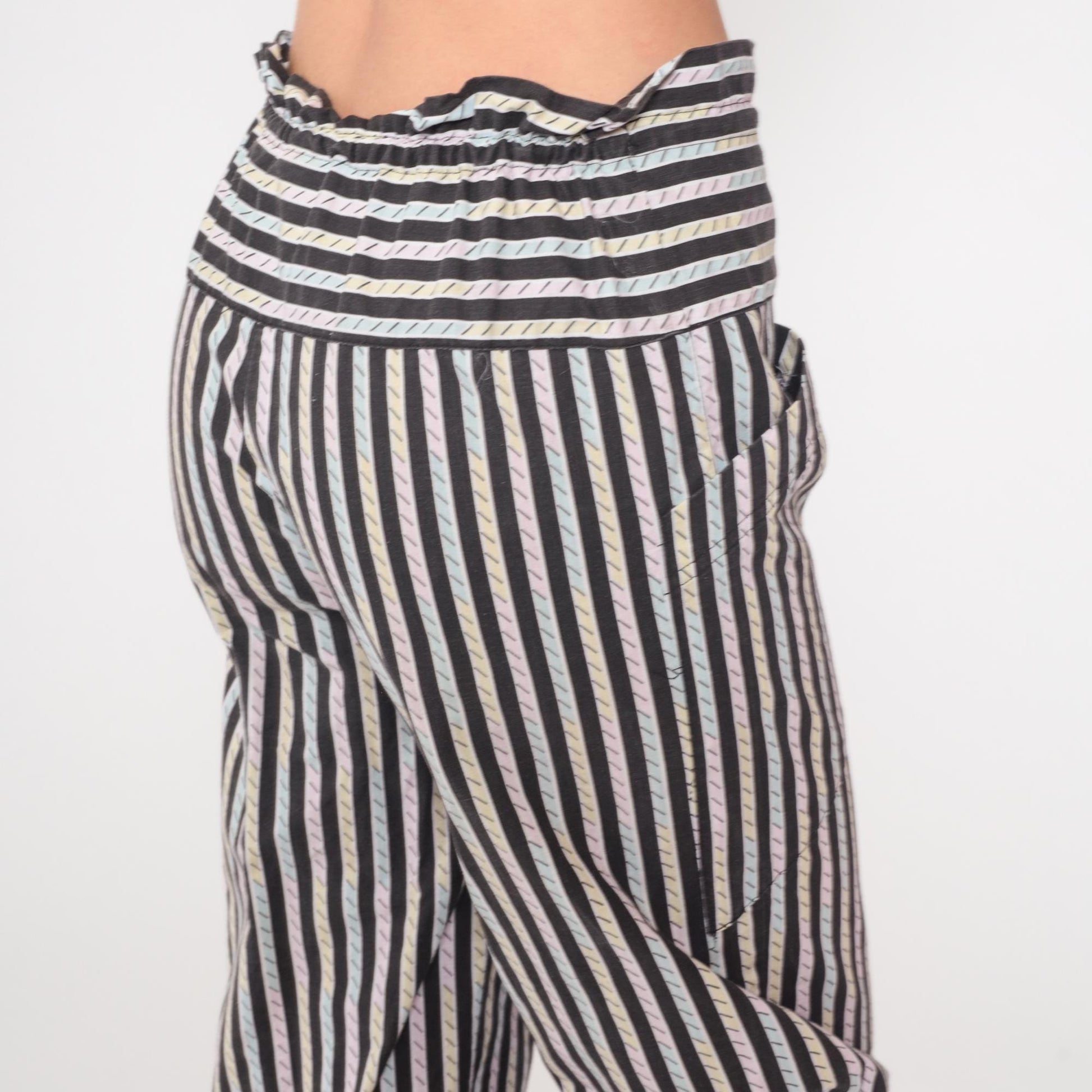 80s La Blanca Sport Striped High-Waist Drawstring Pants Black Pastel Extra Small