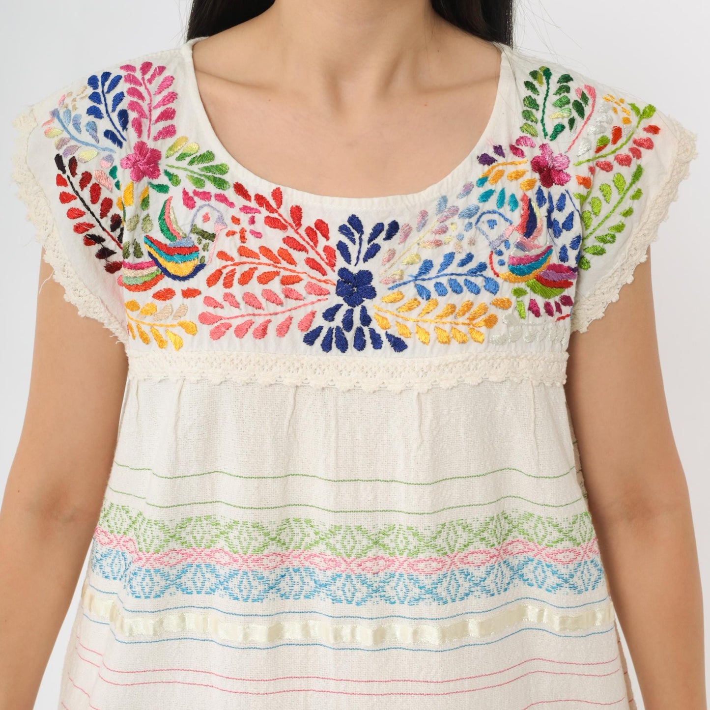 90s Mexican Embroidered Cotton Midi Dress Off-White Floral Bird Small S