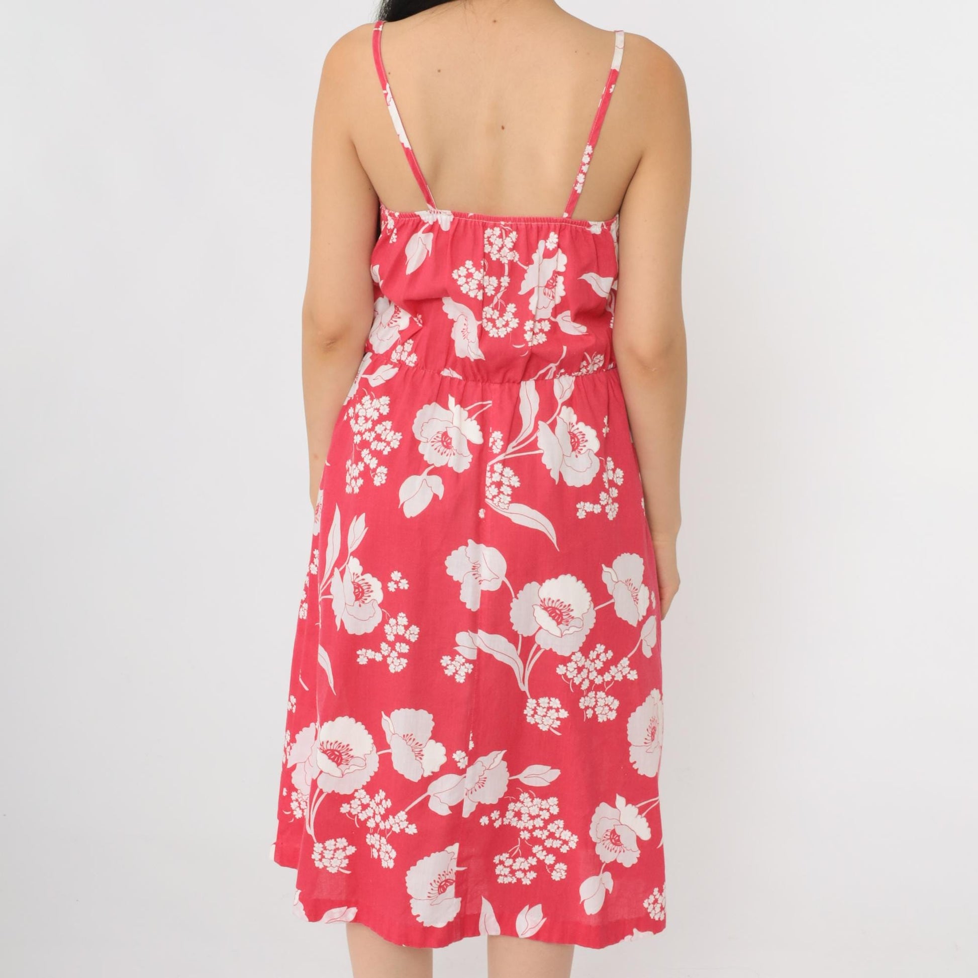 80s Pink Floral Midi Sundress High Waist Sweetheart Neckline Spaghetti Strap Small