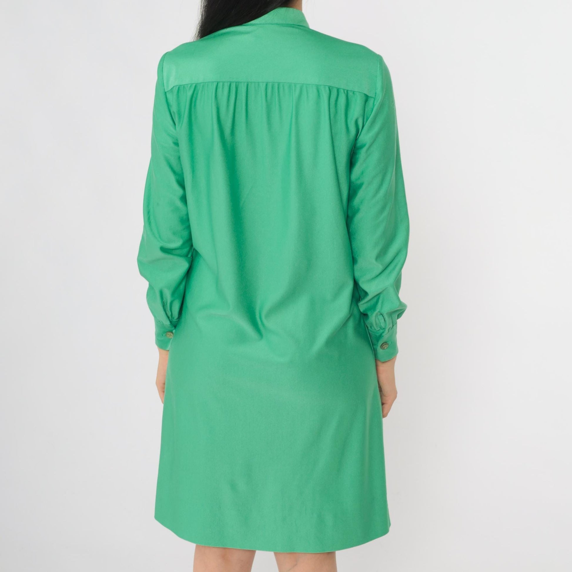 70s Green Mini Shift Dress Button-Up Long Sleeve High Neck Extra Small