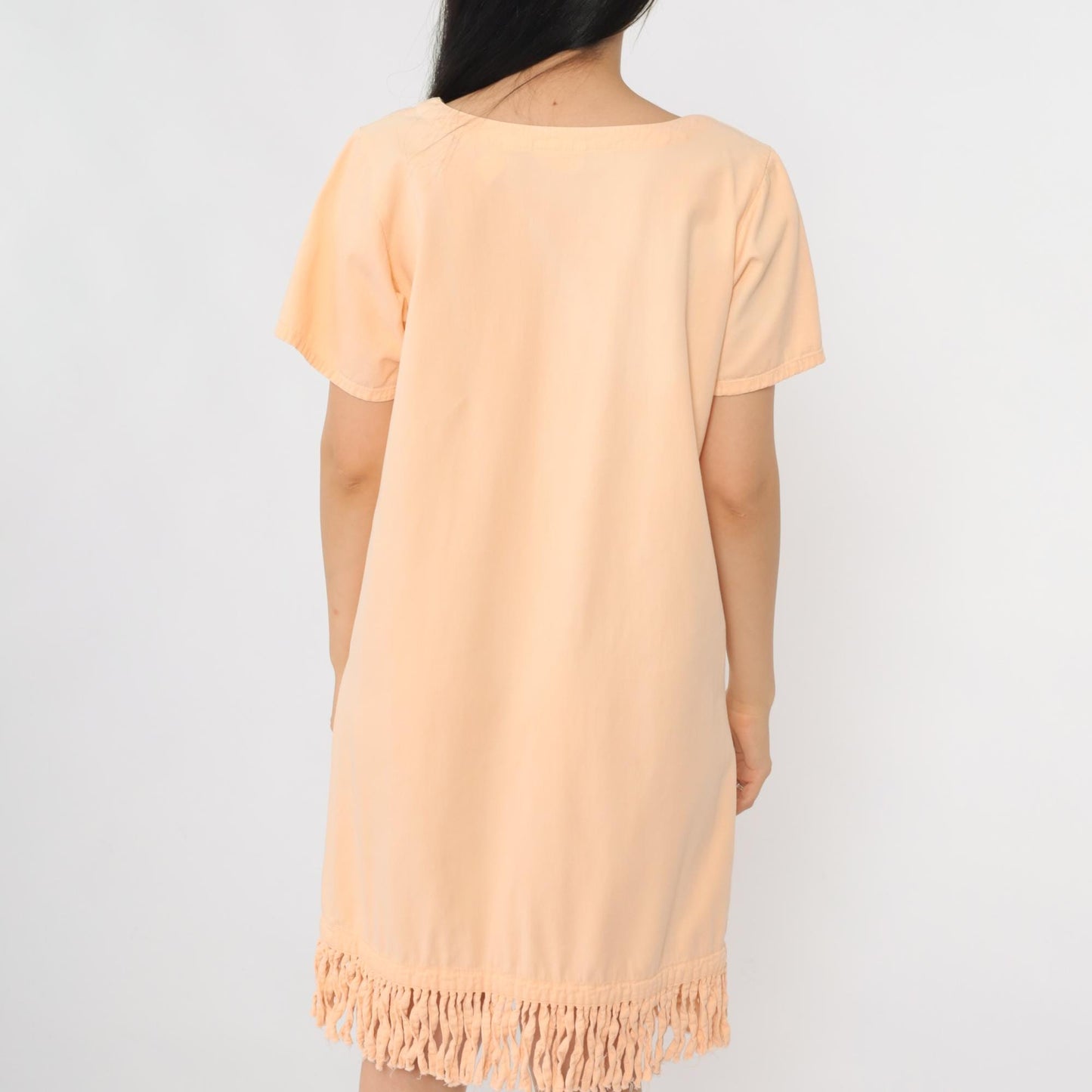 90s Peach Fringe Mini Shift Dress Cotton Short Sleeve Pockets Small S