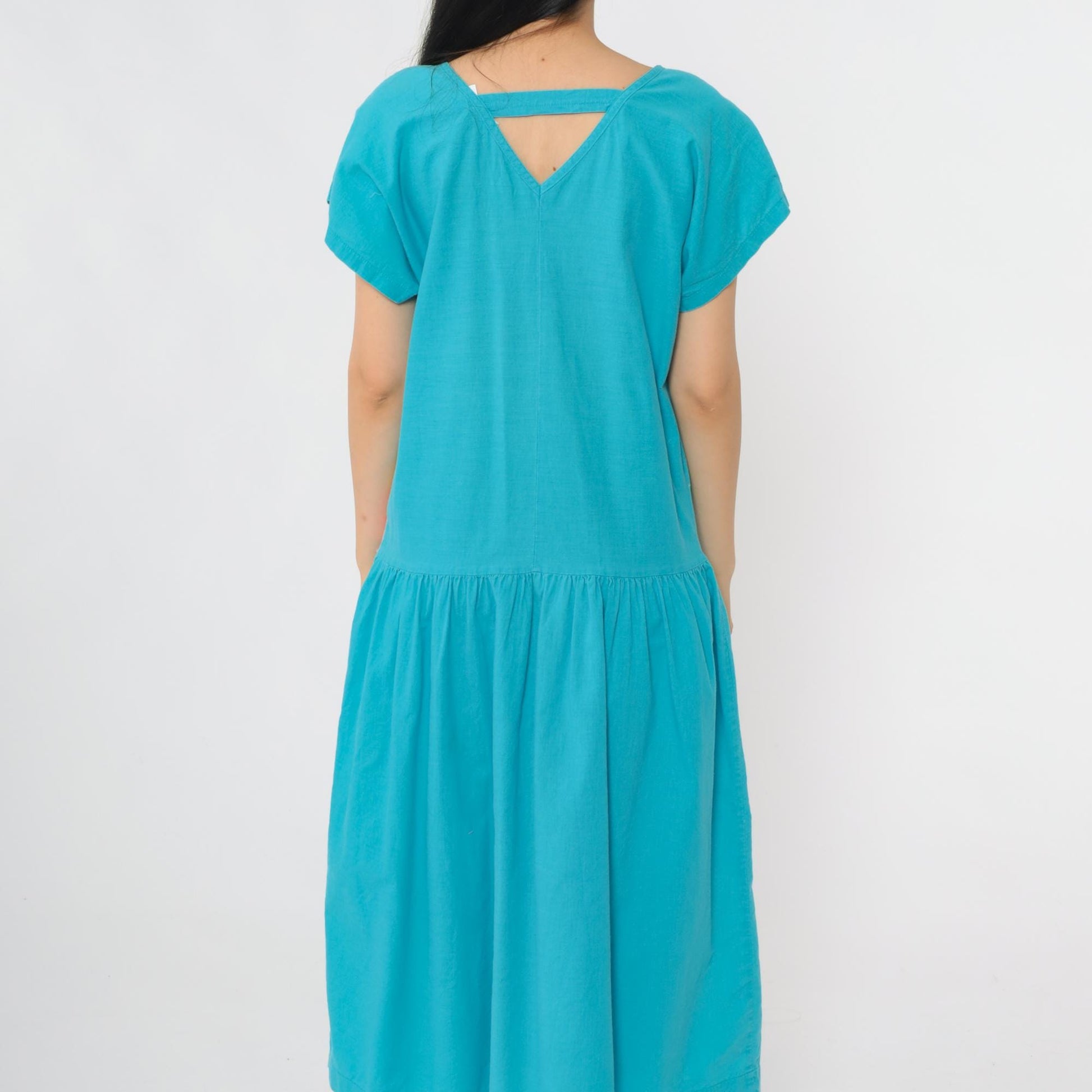 80s Turquoise Tropical Palm Tree Midi Dress Keyhole Back Drop Waist Small