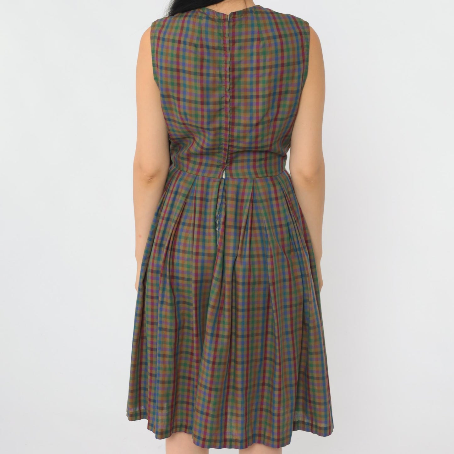 1960s Sue Brett Olive Gingham Sleeveless Midi Dress High Waist Pleated Extra Small