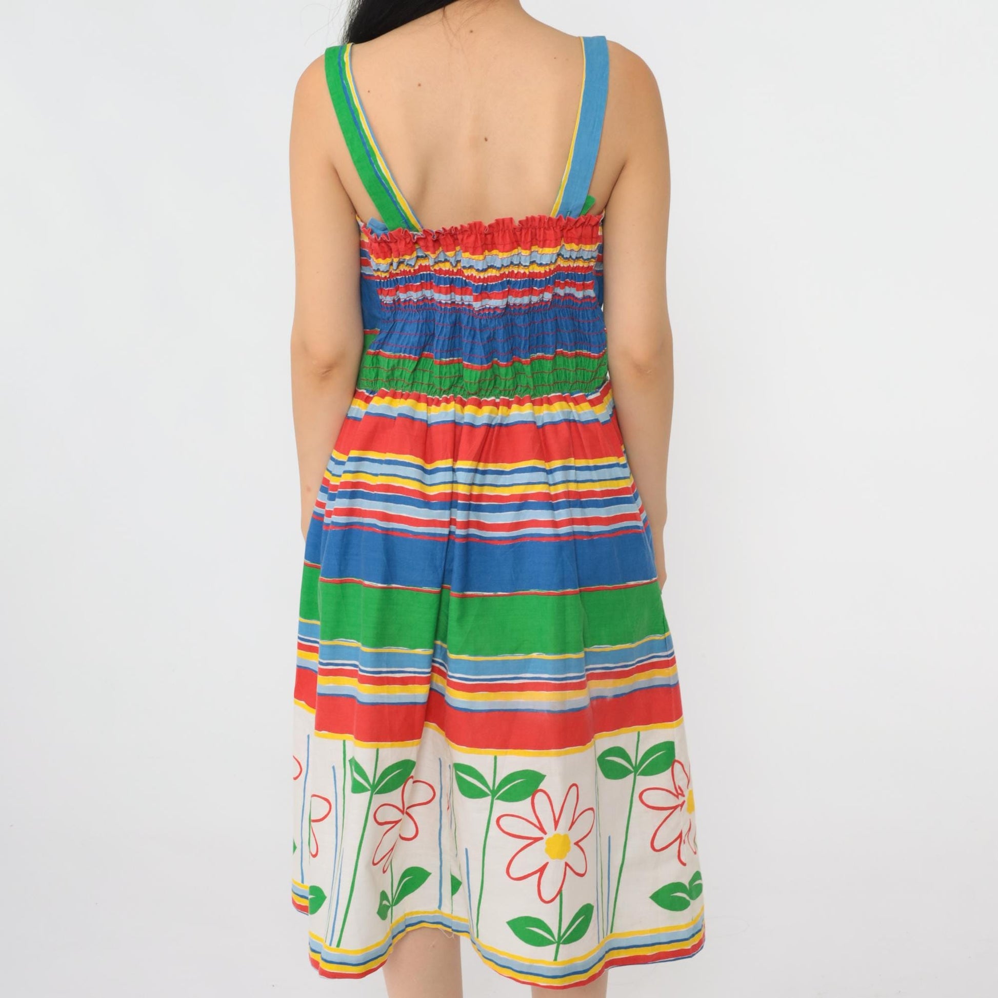 70s Striped Floral Midi Dress High Waist Smocked Back Sleeveless Small Medium
