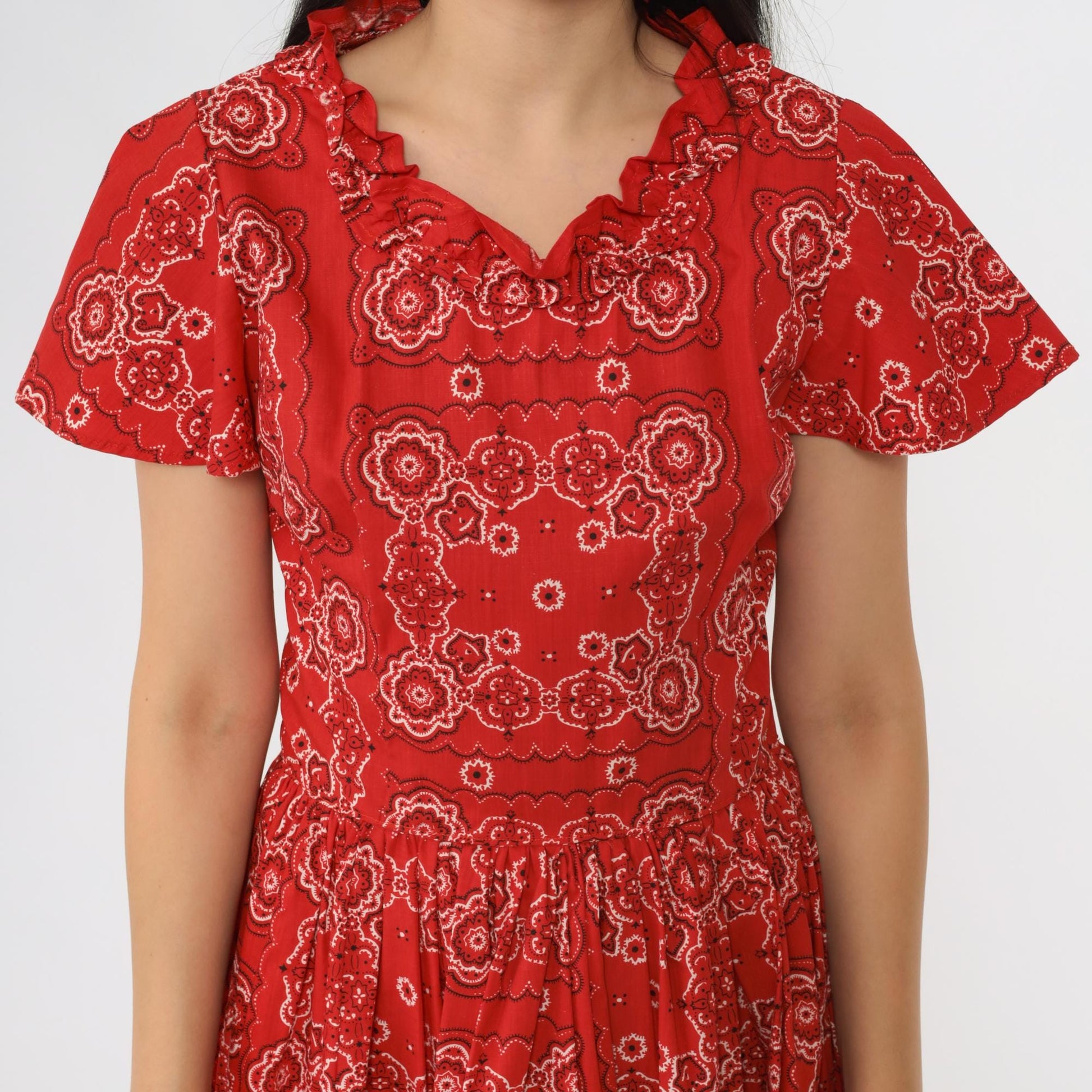 70s Red Handkerchief Print Square Dance Dress Flutter Sleeve Midi Small