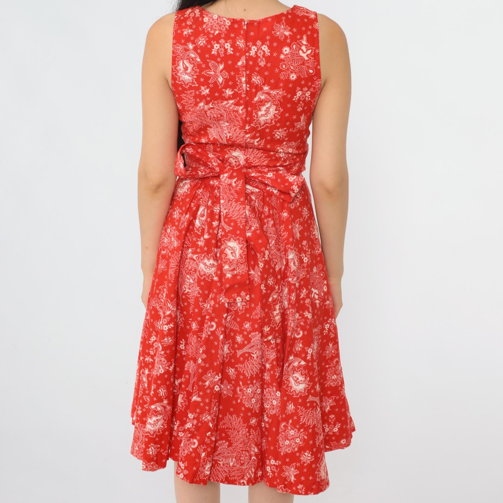 70s Red Floral Bird Print Sleeveless Dress High Waist V Neck Extra Small