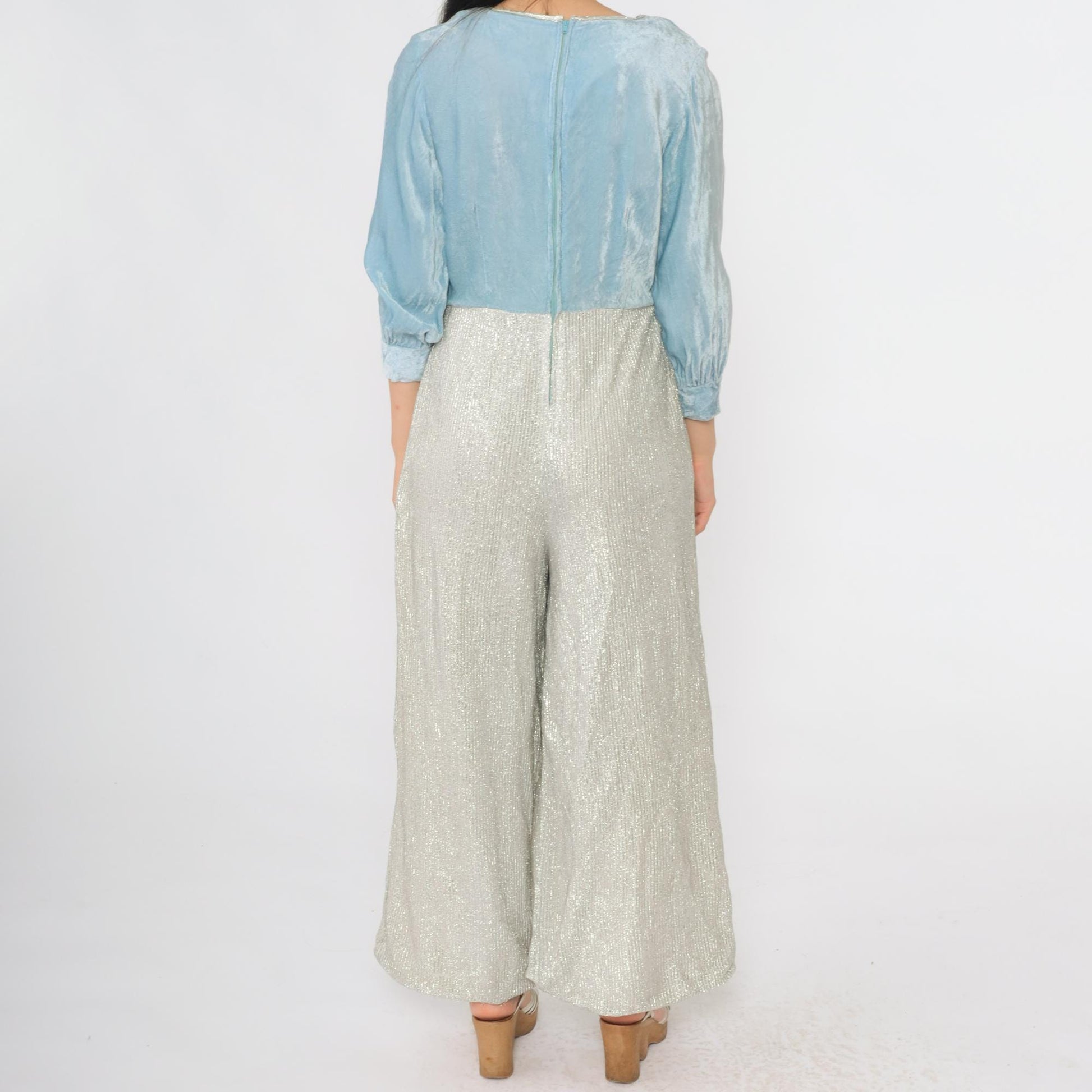 70s Metallic Velvet Jumpsuit Wide Leg Light Blue Silver V-Neck Small S