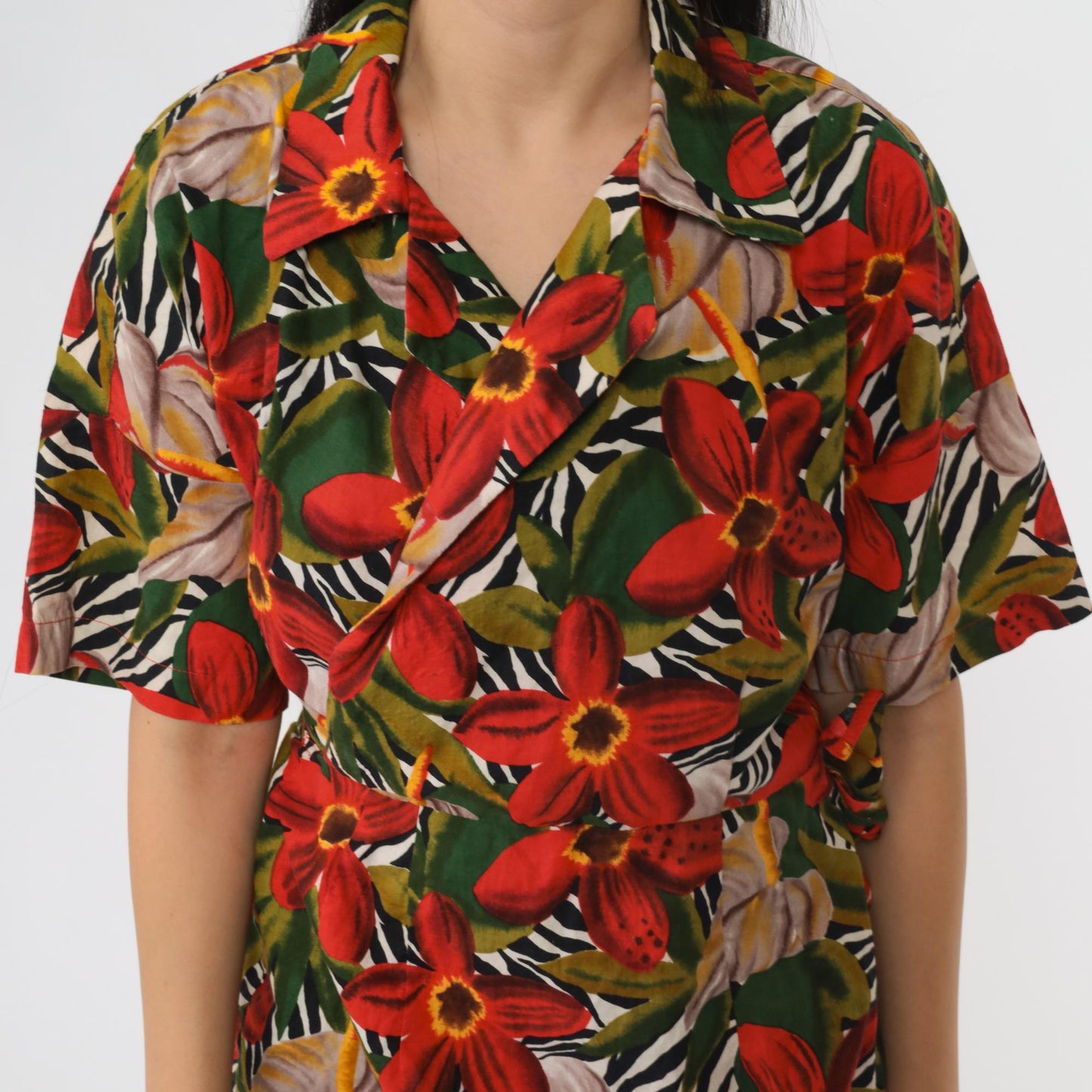 80s Tropical Floral Wrap Dress Knee Length V-Neck Red Green Small