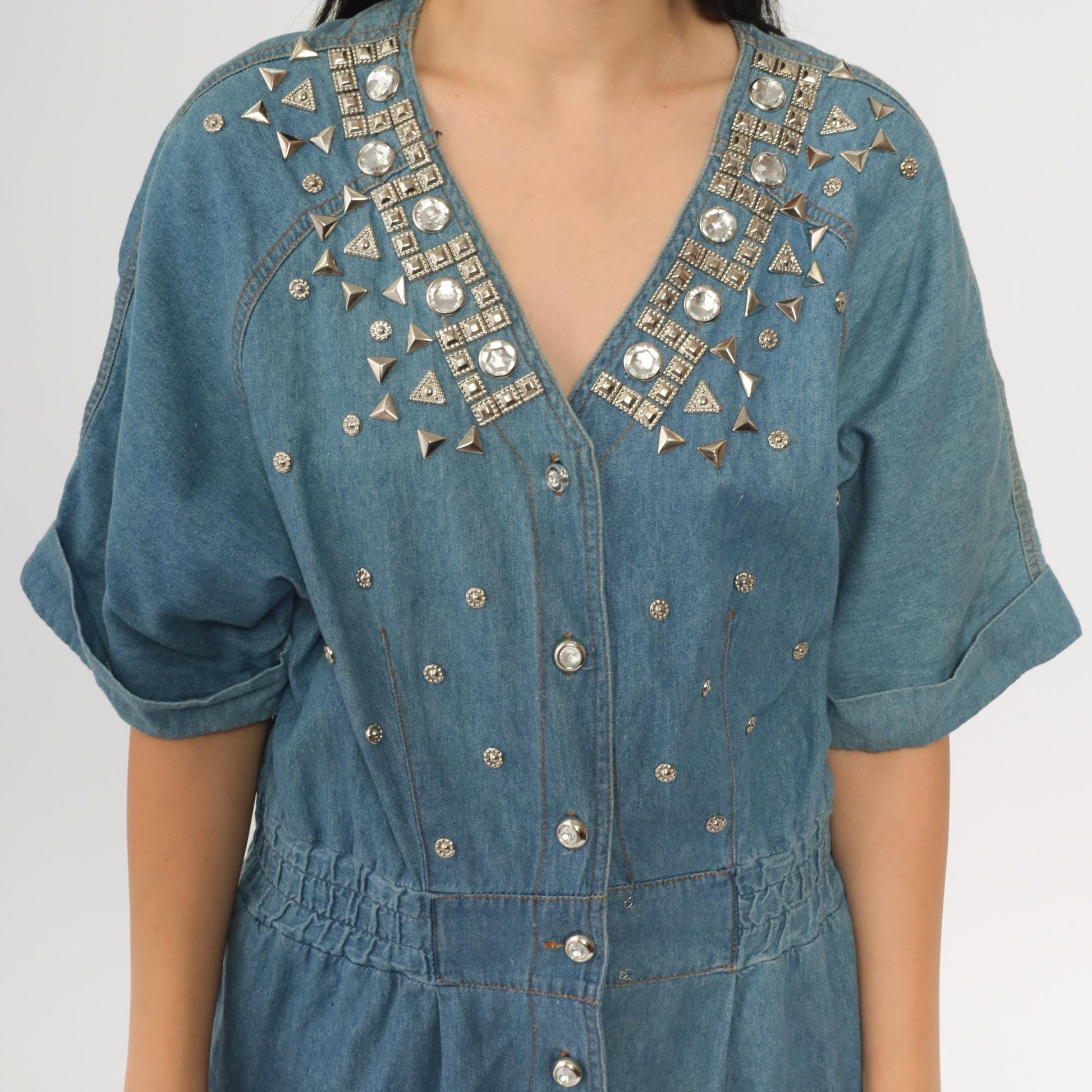 90s Styleworks Blue Denim Midi Dress Studded Rhinestone Button-Up V-Neck Medium