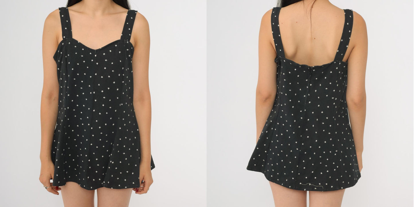 90s Black Star Print Micro Mini Sundress Sweetheart Neckline Sleeveless Medium