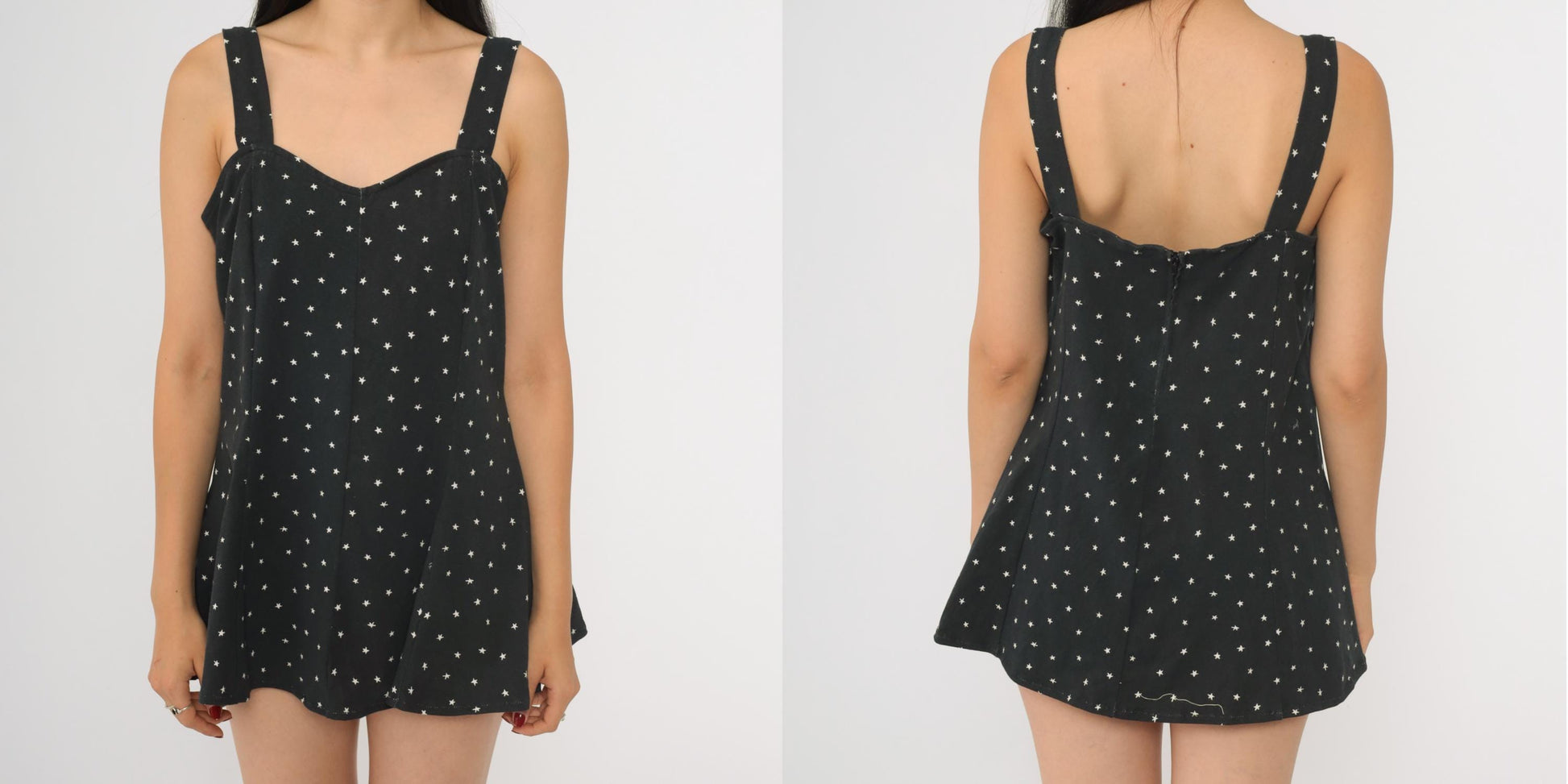 90s Black Star Print Micro Mini Sundress Sweetheart Neckline Sleeveless Medium
