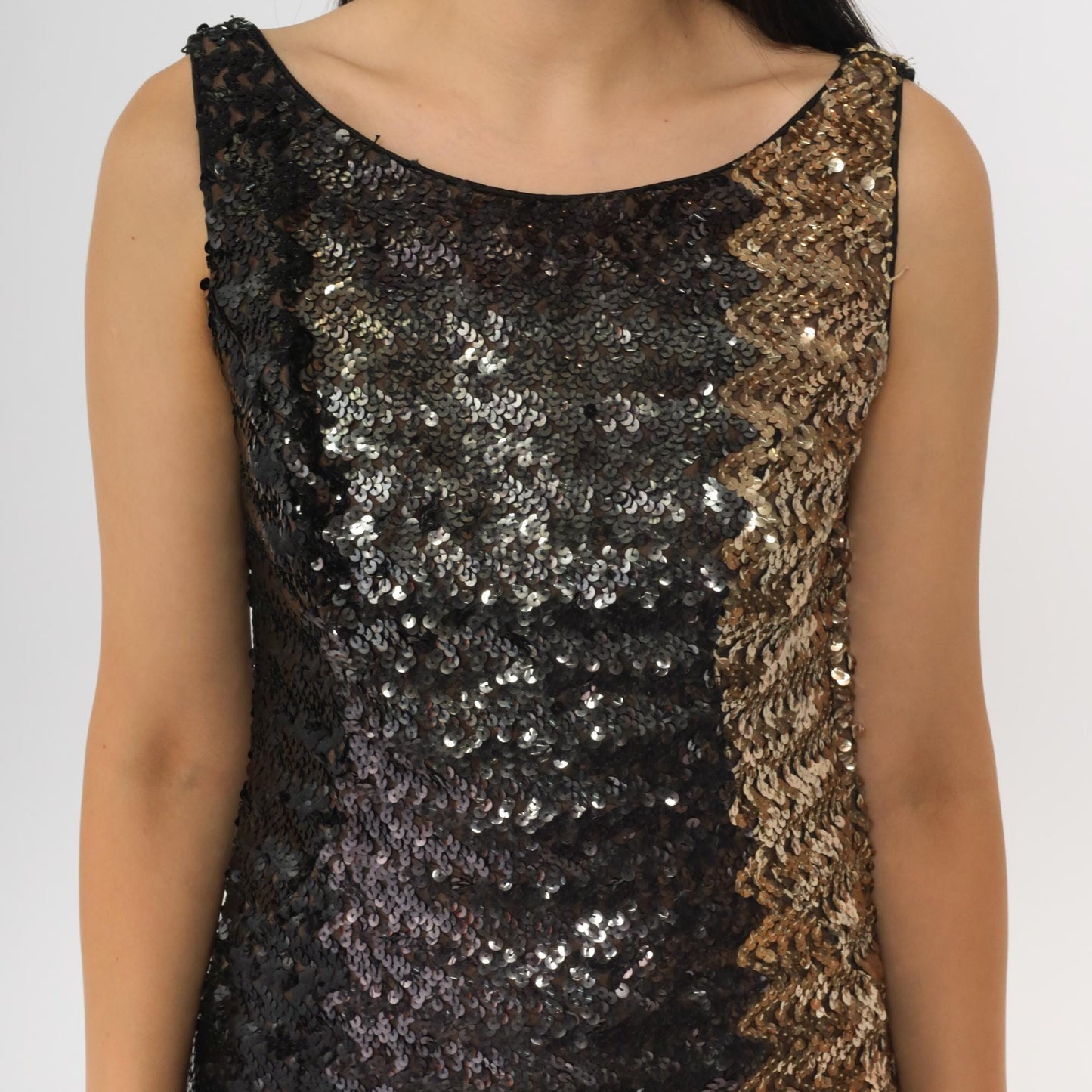 60s Sequin Color Block Mini Dress Gold Black Pewter Mod Sleeveless Small