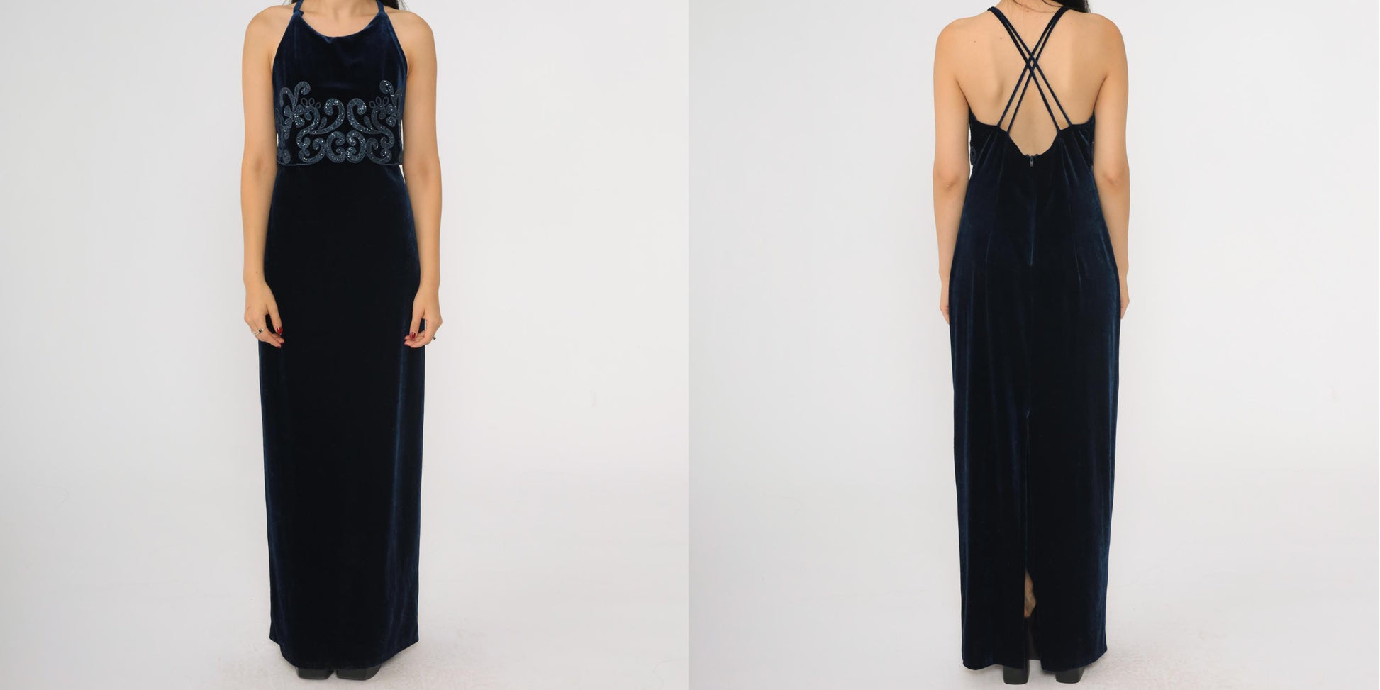 90s Blue Velvet Maxi Dress Spaghetti Strap Glitter Soutache Medium