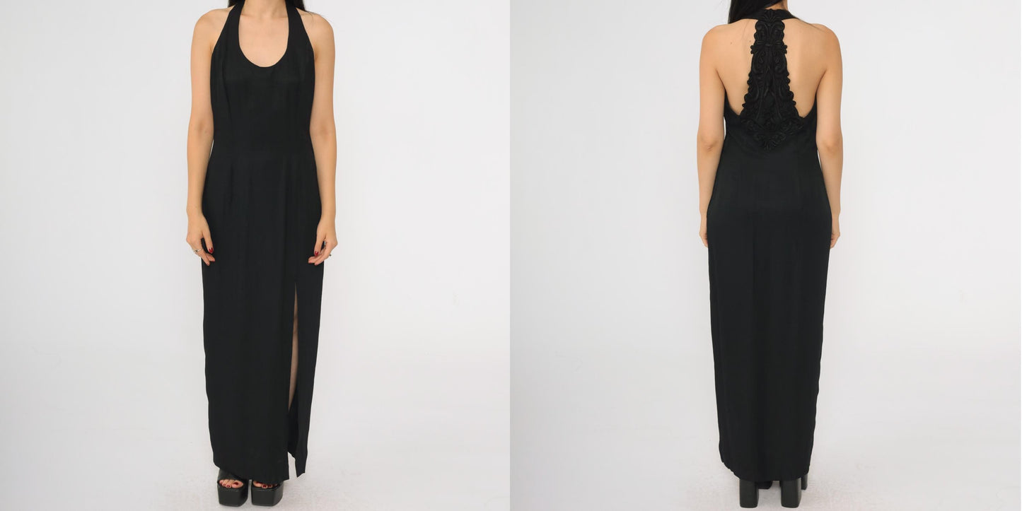 90s Jessica McClintock Gunne Sax Black Maxi Dress Racerback Embroidered Slit Small