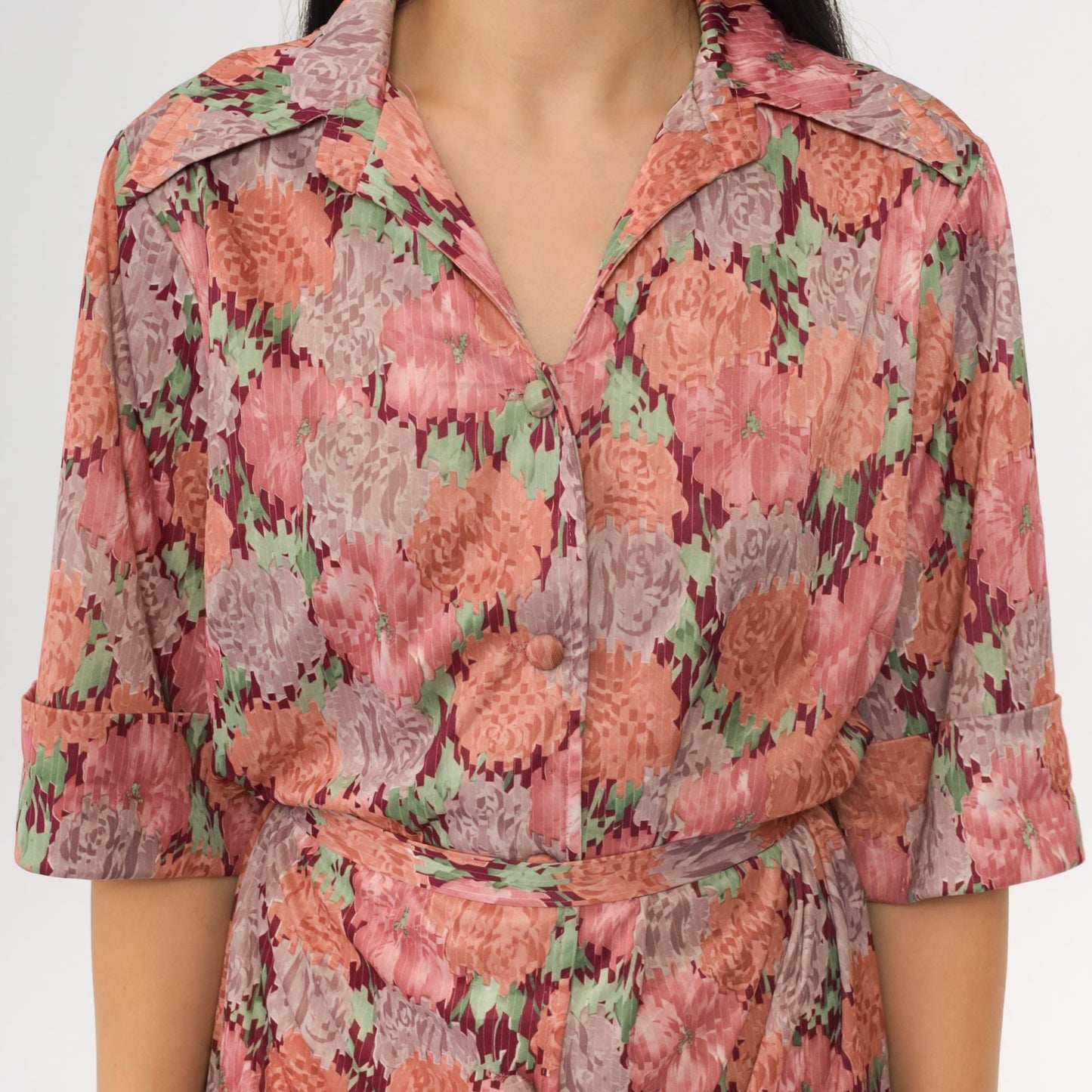 70s Pink Floral Shift Mini Dress Button-Up Half Sleeve Tie Belt Extra Large