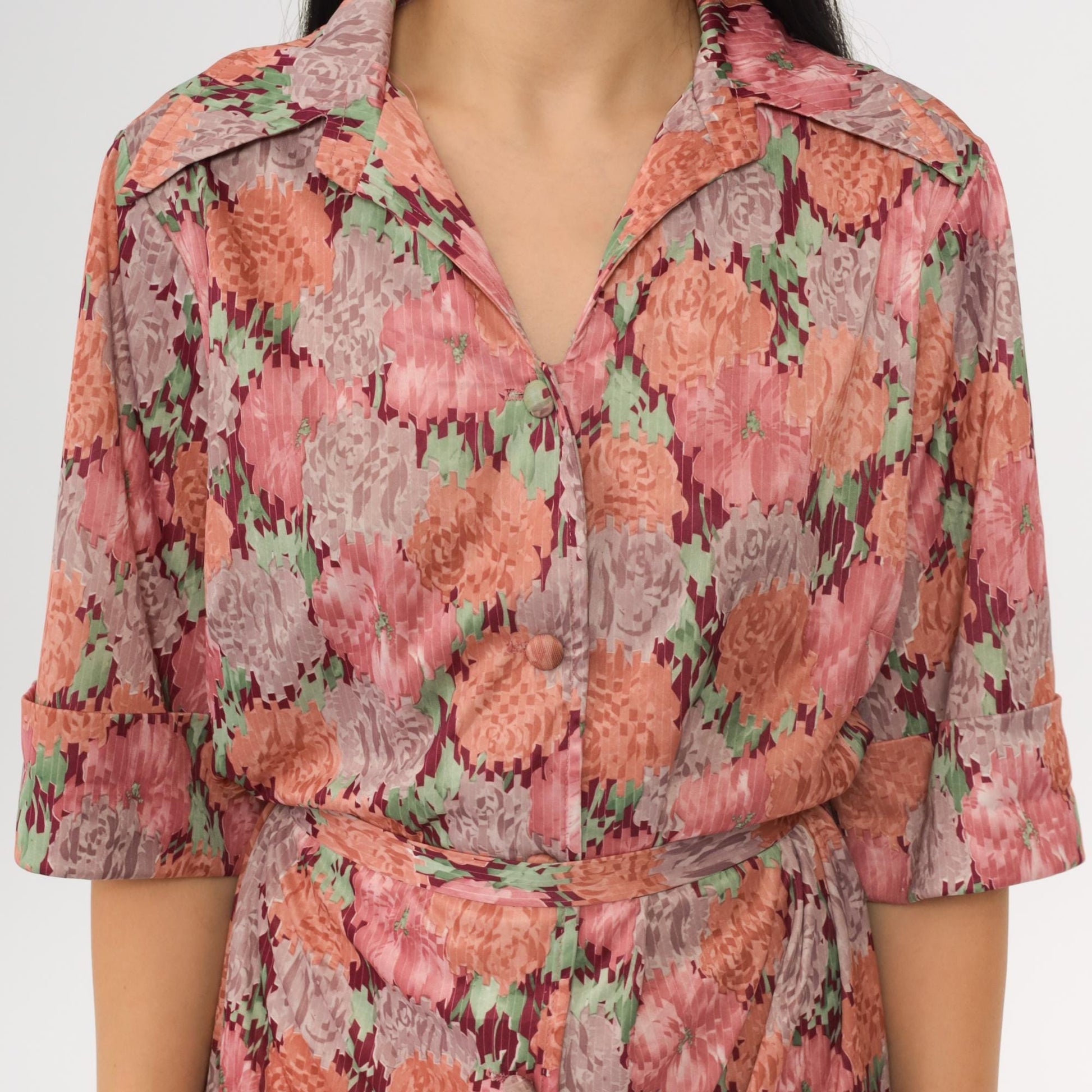 70s Pink Floral Shift Mini Dress Button-Up Half Sleeve Tie Belt Extra Large
