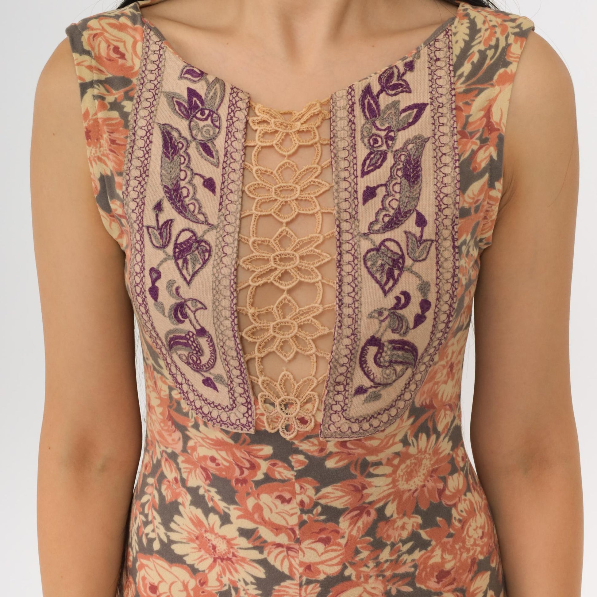 70s Floral Maxi Dress Embroidered Birds Keyhole Lace Sleeveless Grey Orange Extra Small