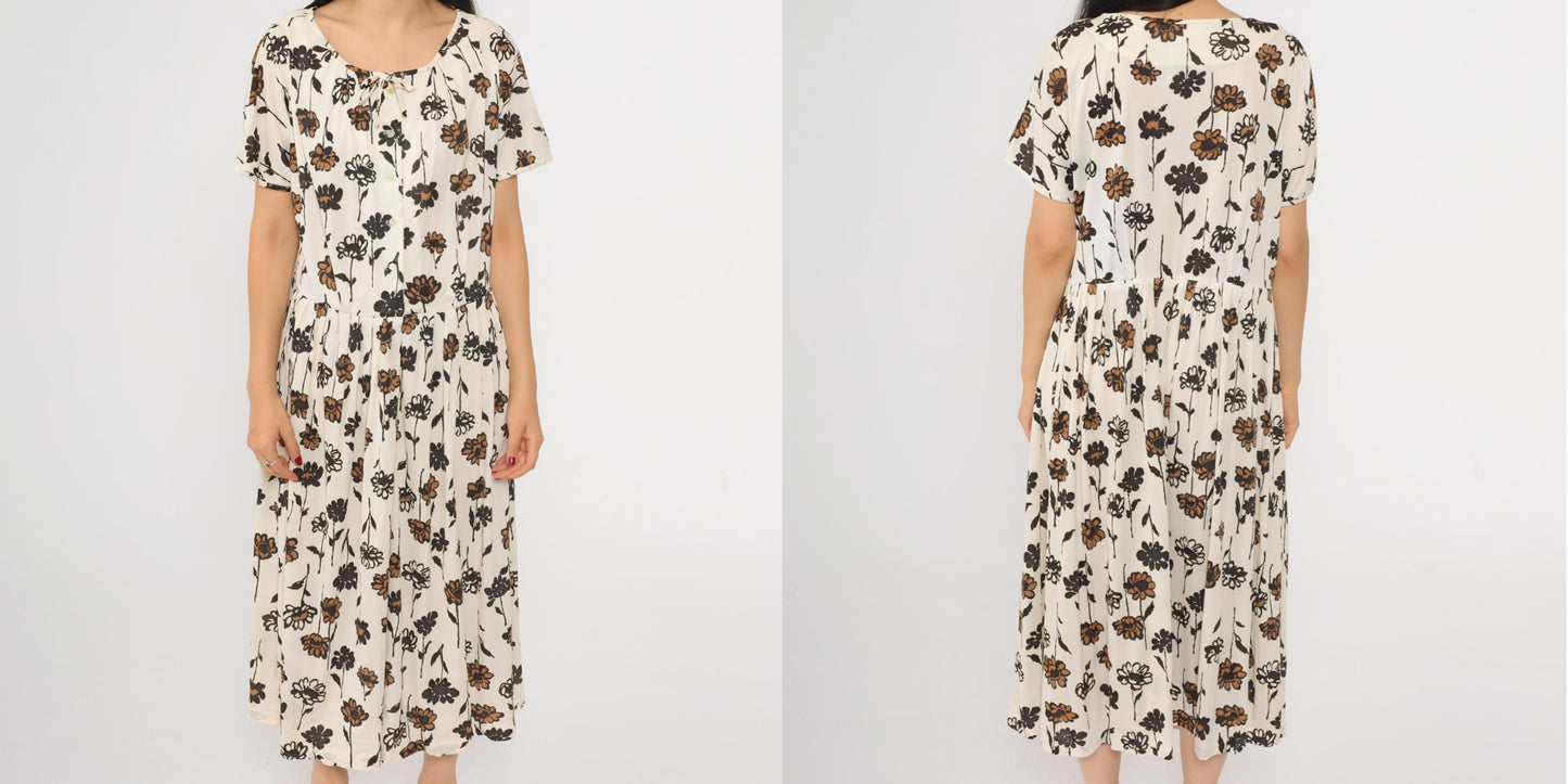 60s White Floral Bow Neck Button-Up Midi Dress Black Brown Print Large L