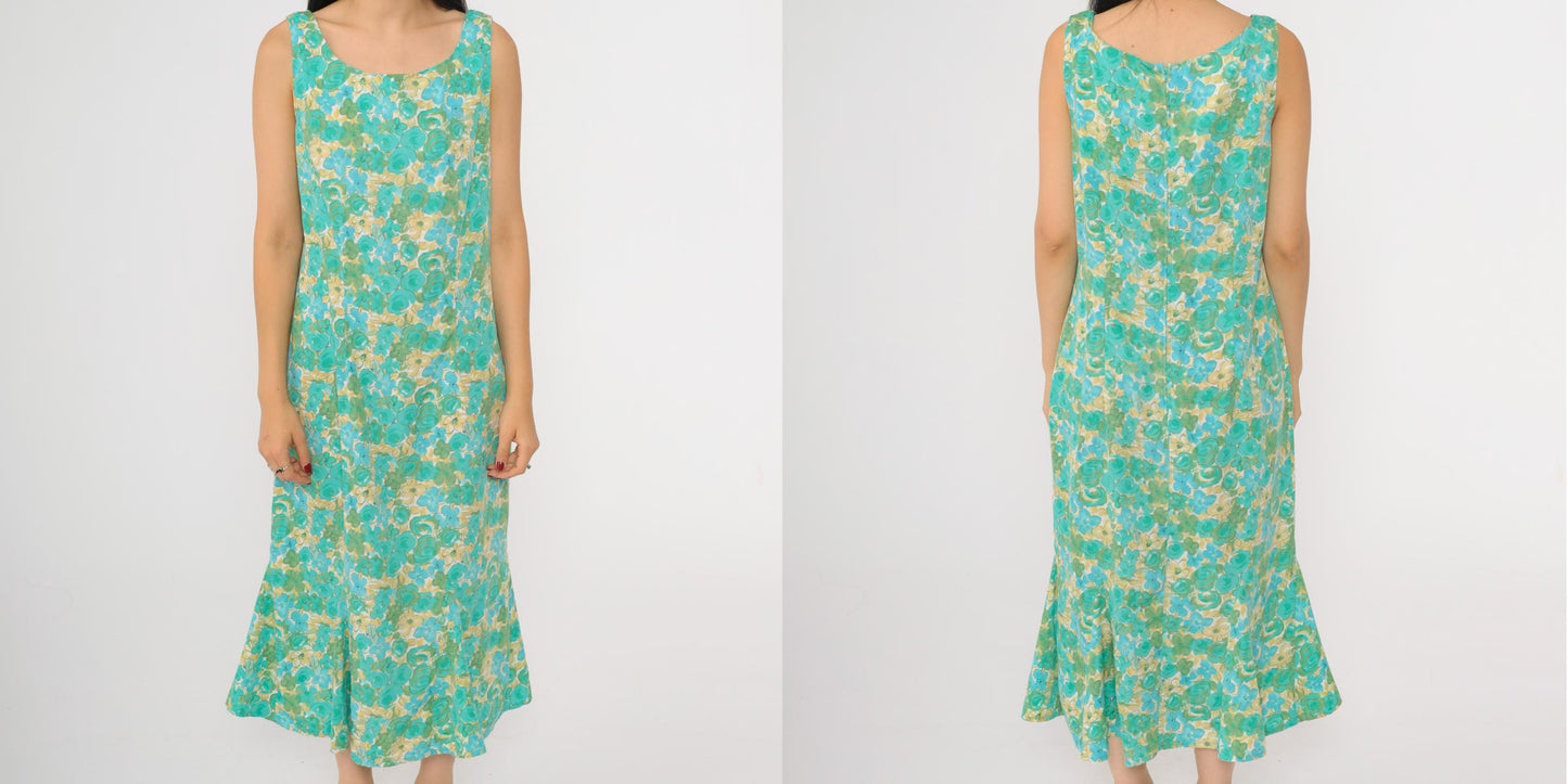 90s R & K Originals Floral Midi Dress Turquoise Blue Sleeveless Mermaid Hem Medium