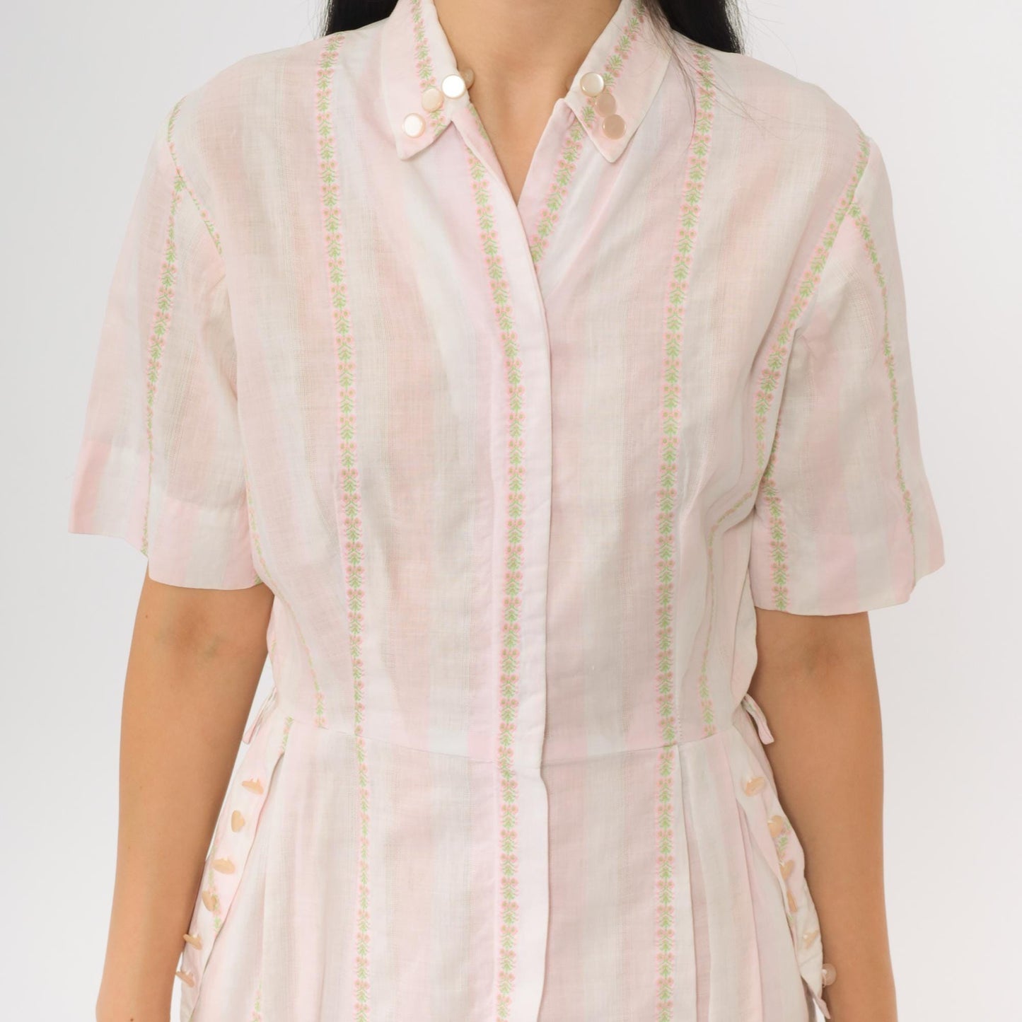 60s Pink White Striped Cotton Dress High Waist Zip Front Pockets Small