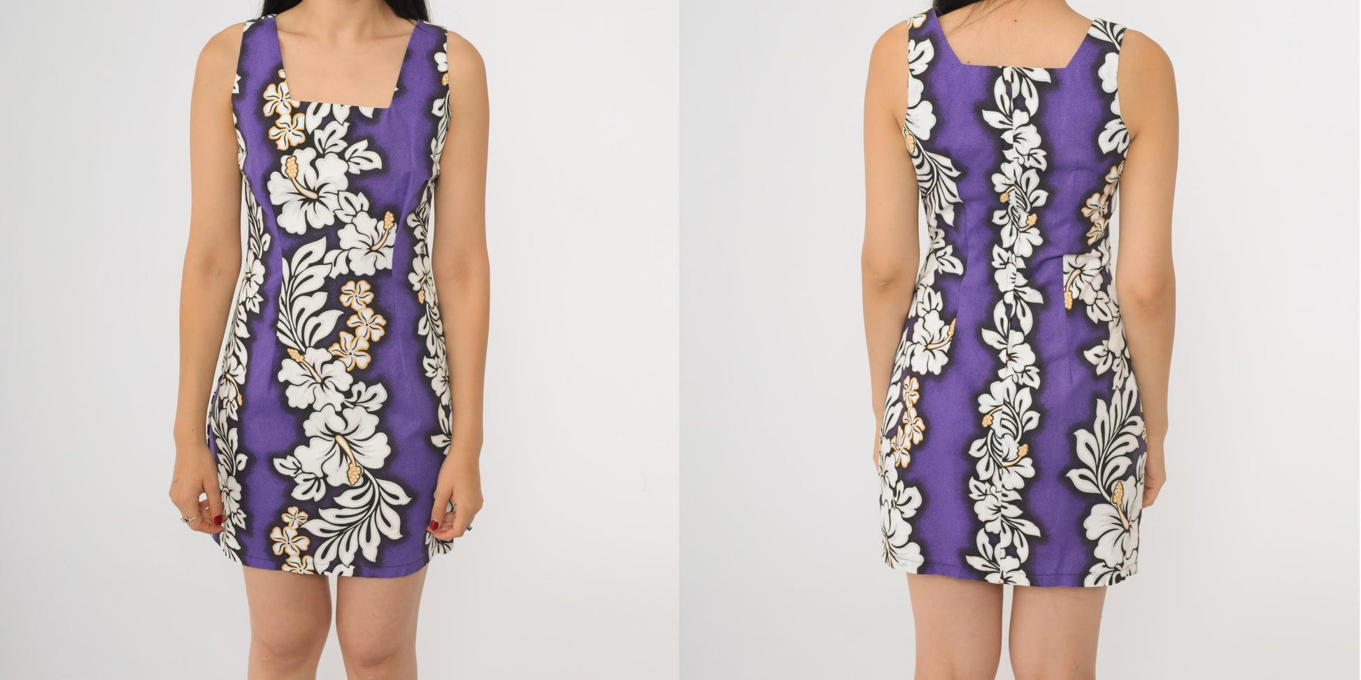90s Royal Creations Hawaiian Floral Mini Dress Purple Sleeveless Small