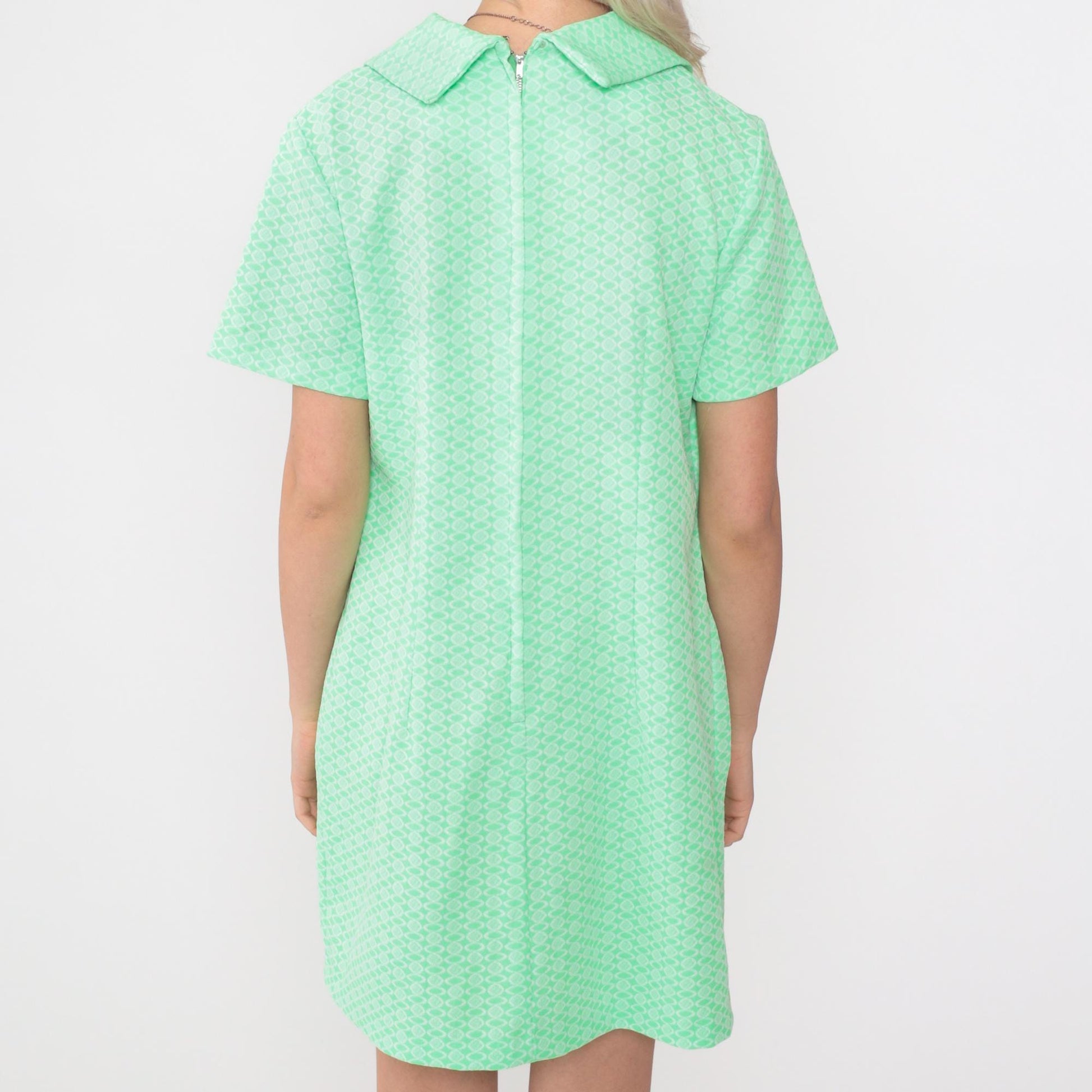 60s Mod Mini Dress Green Geometric Print Shift Short Sleeve Medium Large