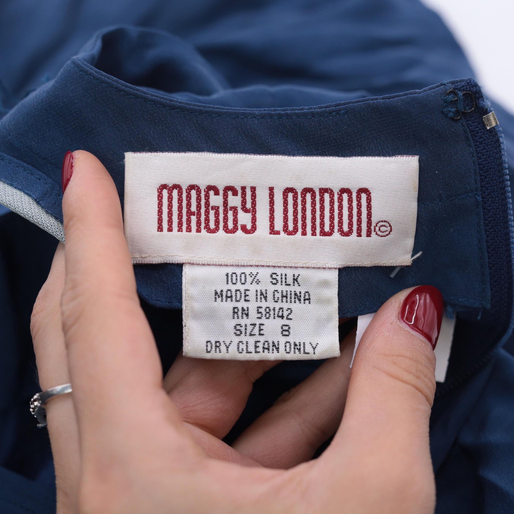 90s Maggy London Dark Blue Silk Mini Dress Long Sleeve Sheath Medium 8