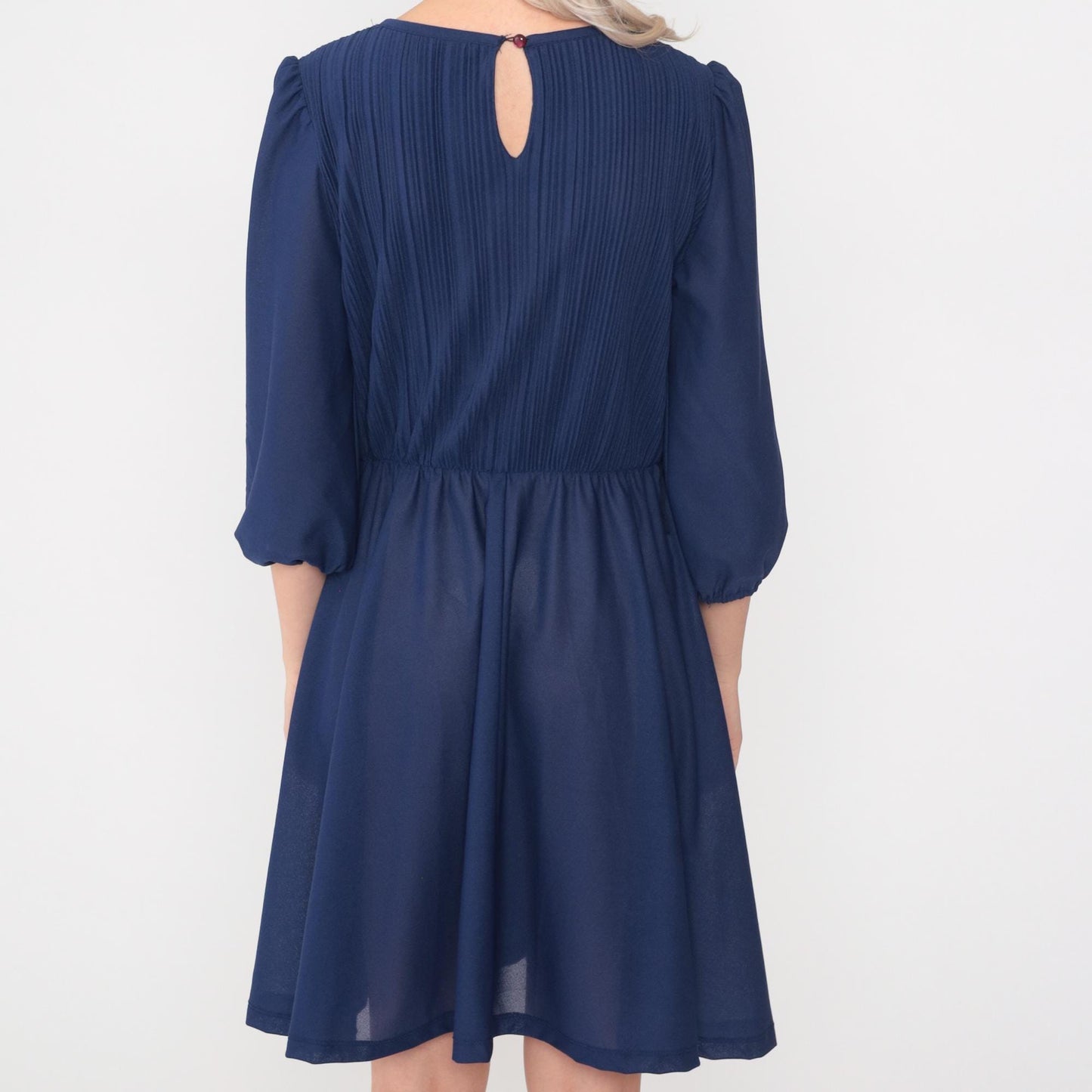 80s Navy Puff Sleeve Mini Dress Knife Pleated High Waist Medium Large