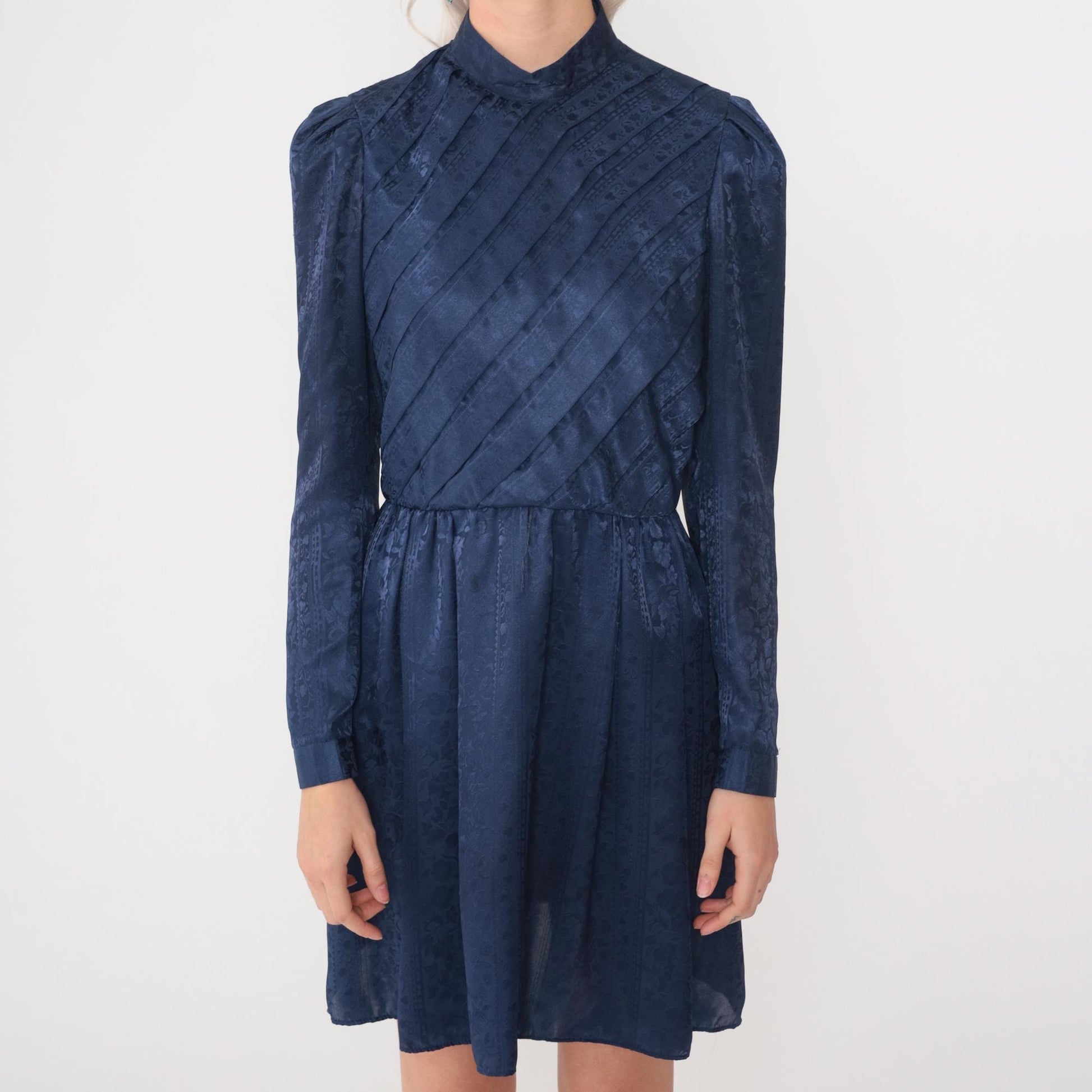 80s Navy Floral Jacquard Mini Dress Mock Neck Puff Sleeve High Waist Small