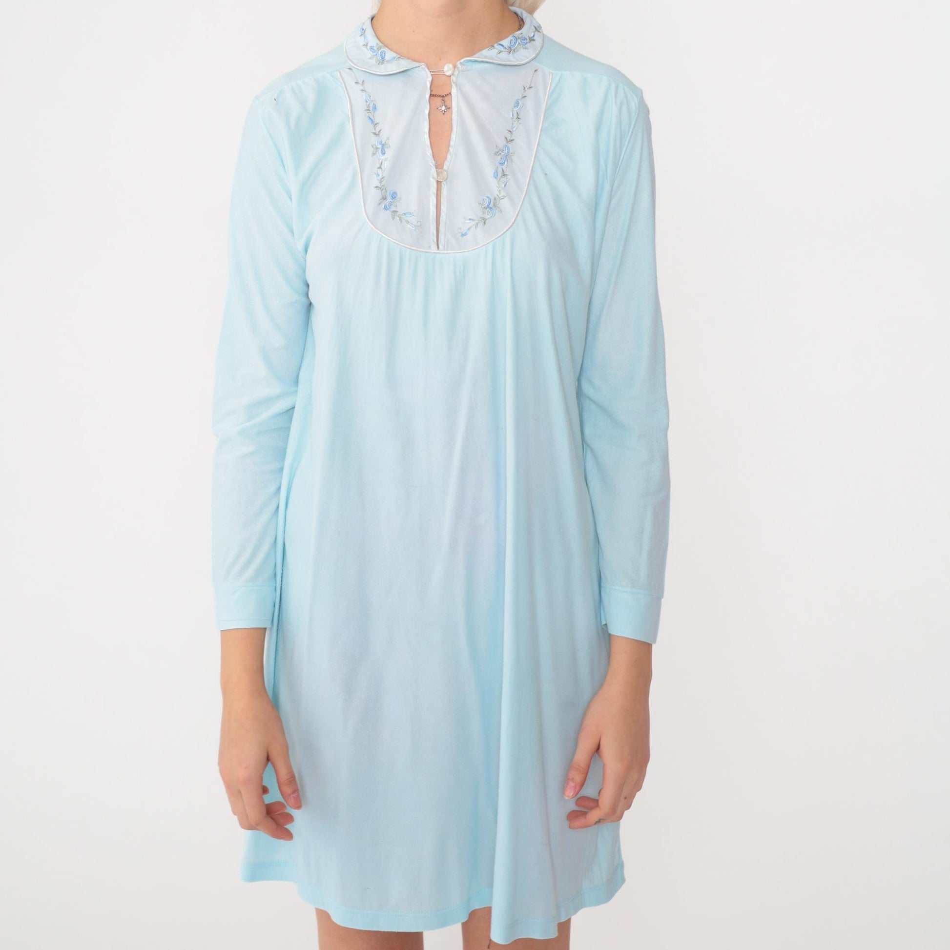 70s Baby Blue Embroidered Floral Pajama Dress Nylon Nightgown Mini Small