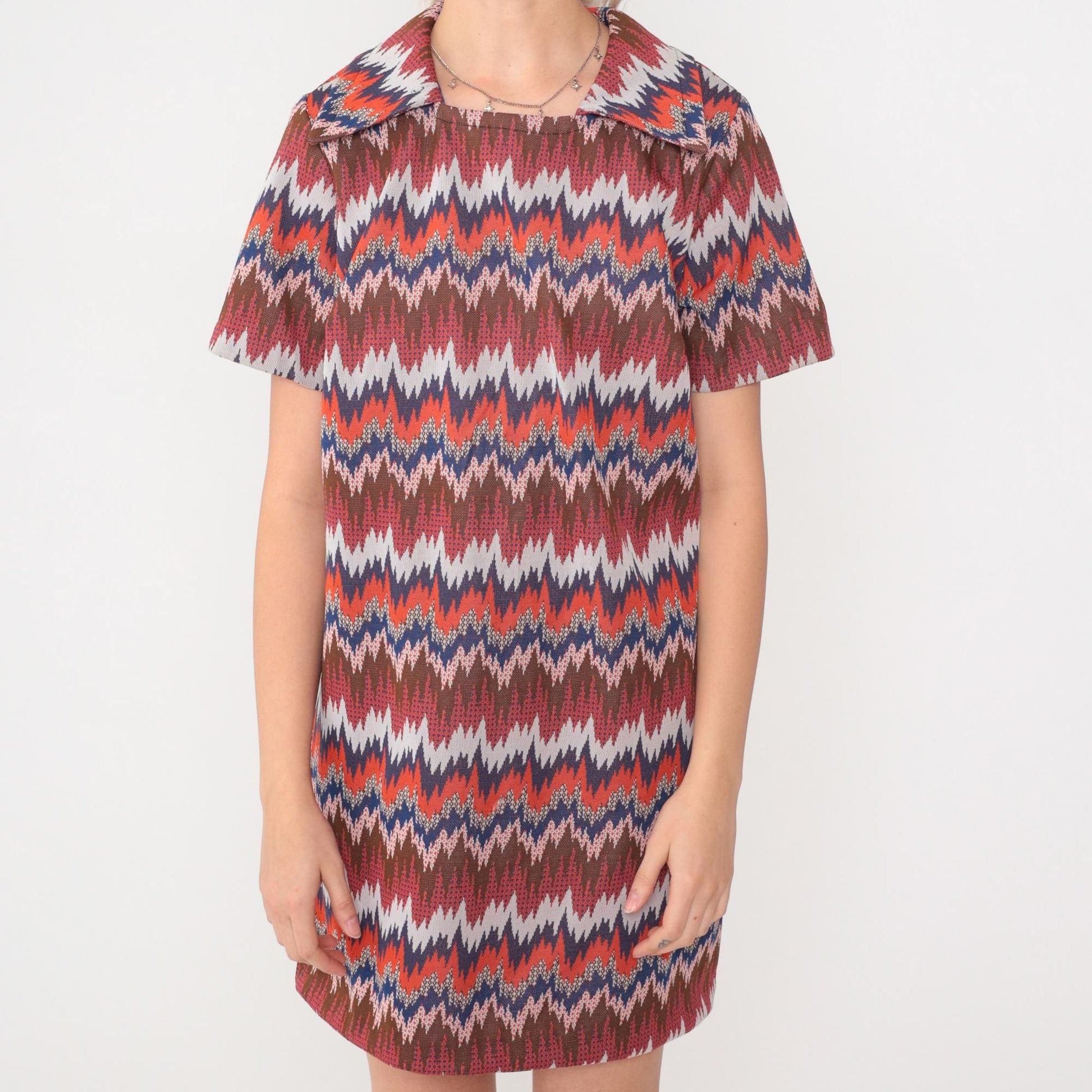 1960s Psychedelic Striped Mod Shift Dress Mini Orange Brown Blue Large