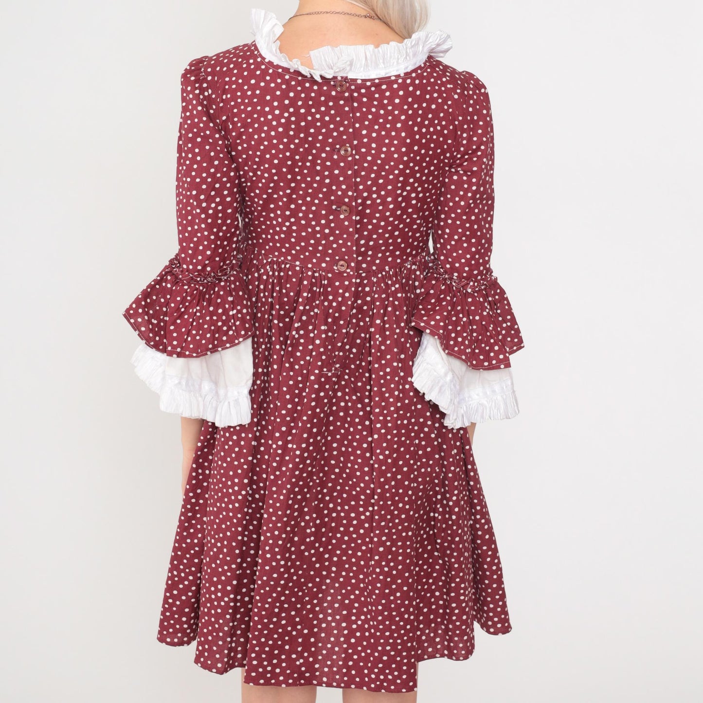 70s Burgundy Polka Dot Prairie Dress Puff Sleeve Ruffle Collar Mini Cotton Extra Small