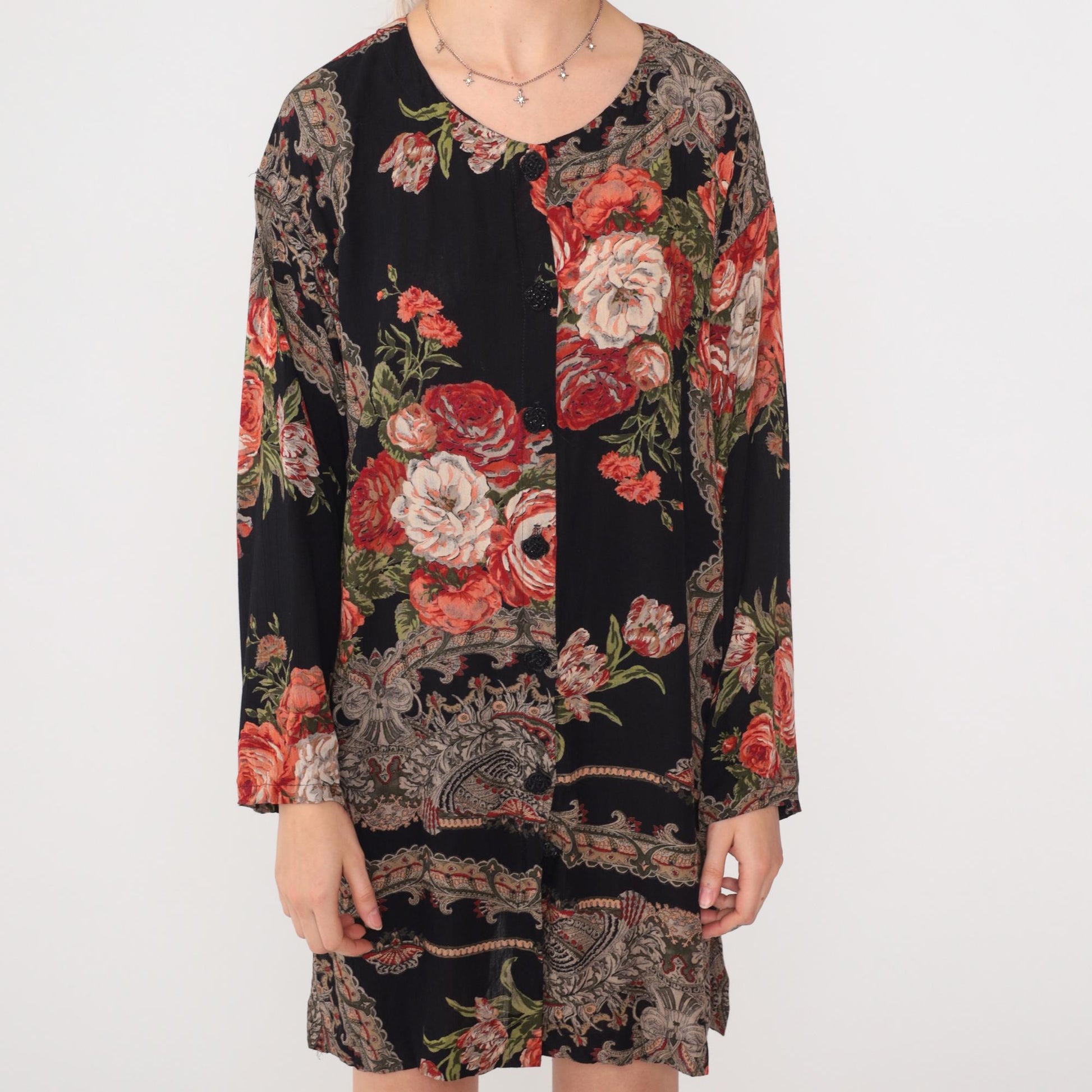90s Frankly Feminine Floral Mini Dress Black Button-Up Shirtdress Medium