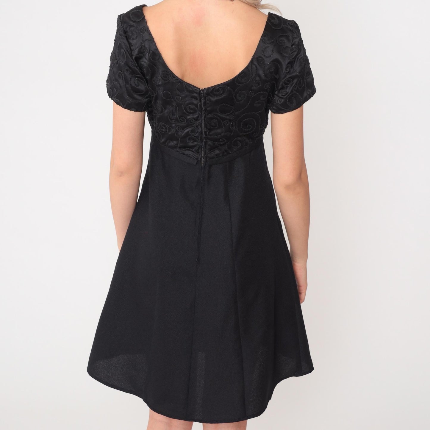 90s Black Micro Beaded Satin Mini Dress Empire Waist Scoop Neck Small 4