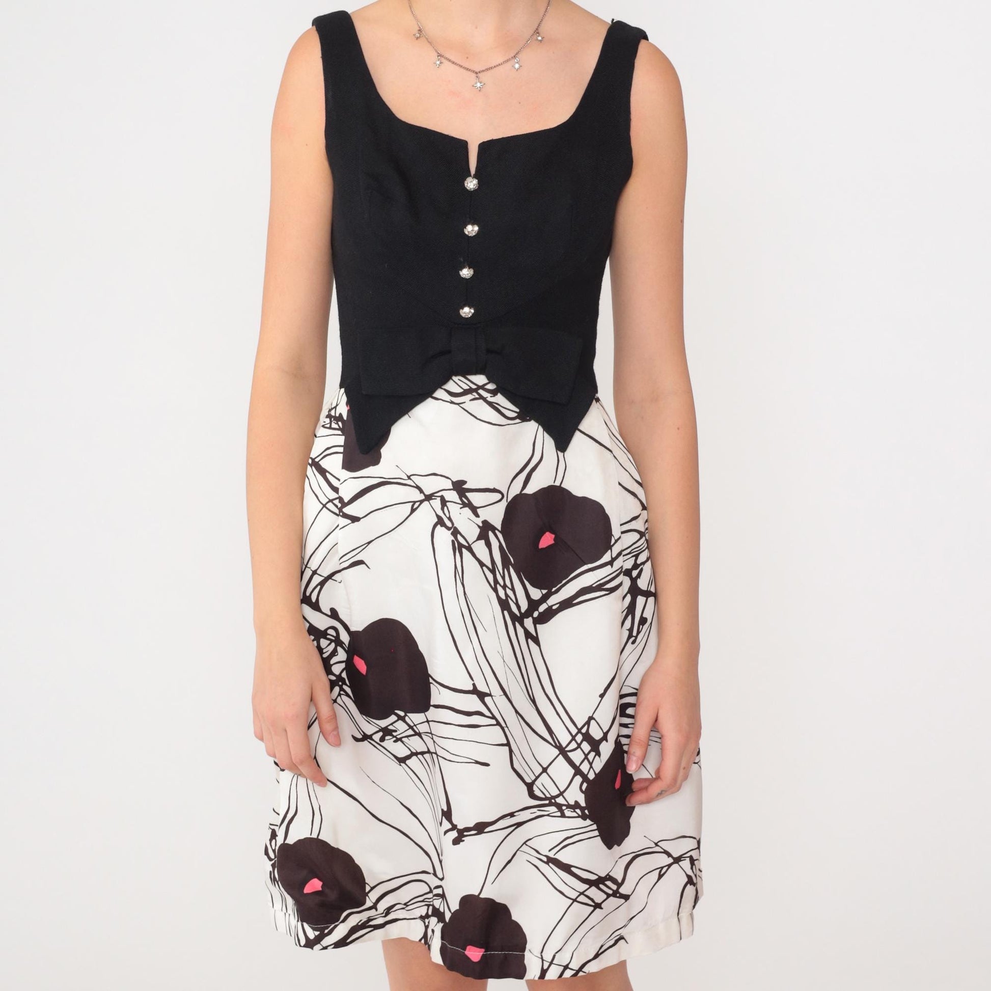 60s Black White Floral Mini Party Dress Bow Sleeveless A-Line Extra Small