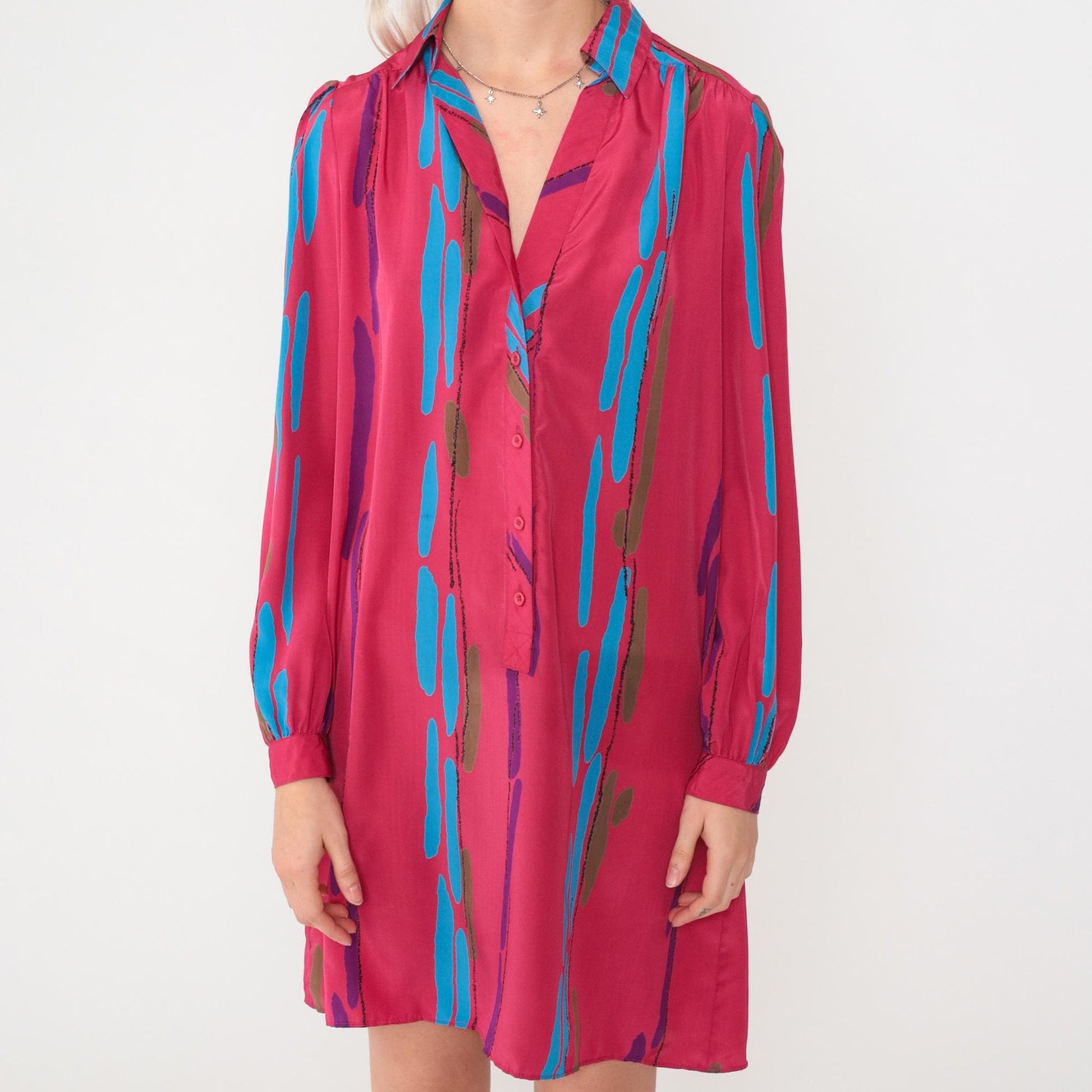 80s Fuchsia Striped Mini Dress Puff Sleeve Button-Up Shirtdress Medium
