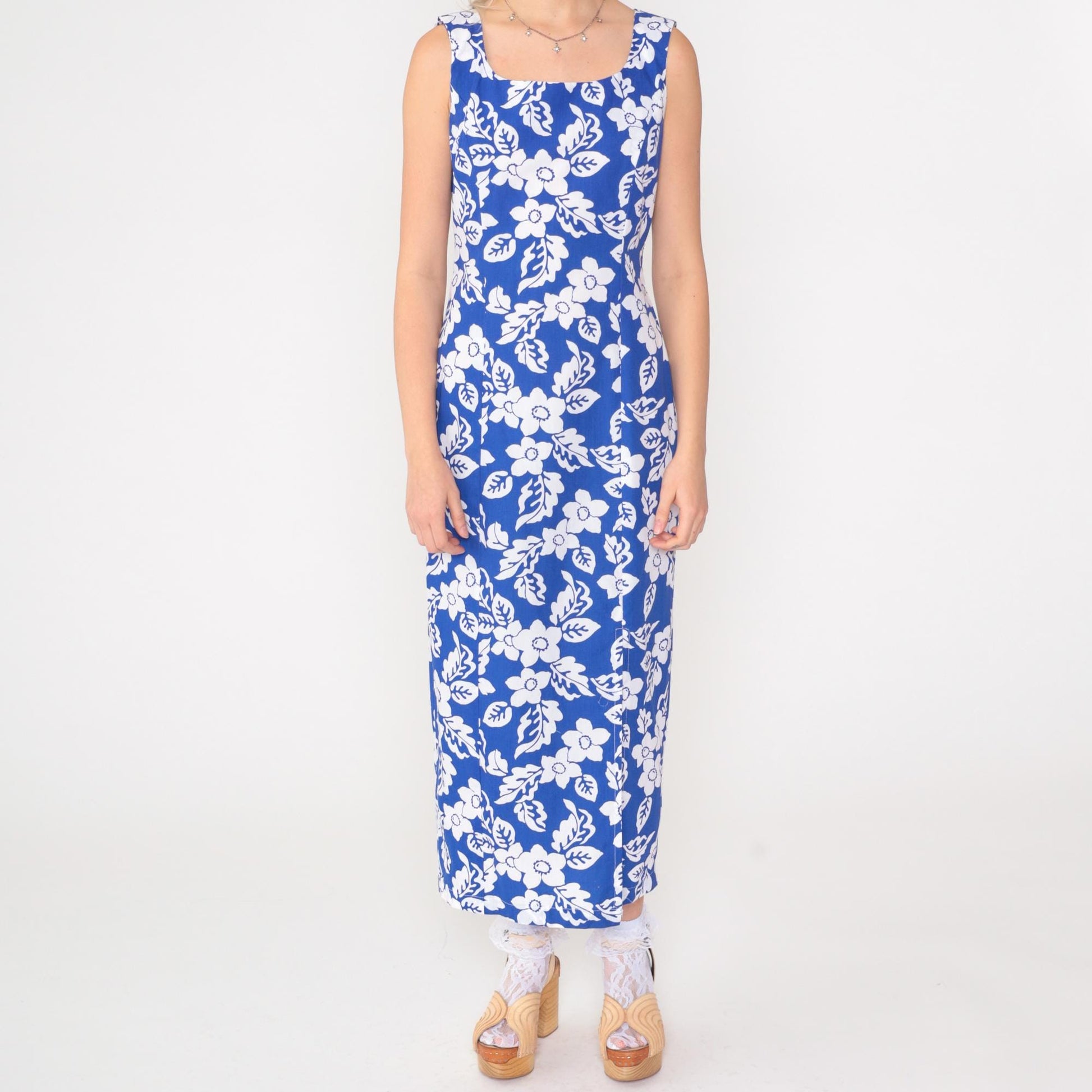 90s Blue Floral Sleeveless Sundress Ankle Length Front Slit Small