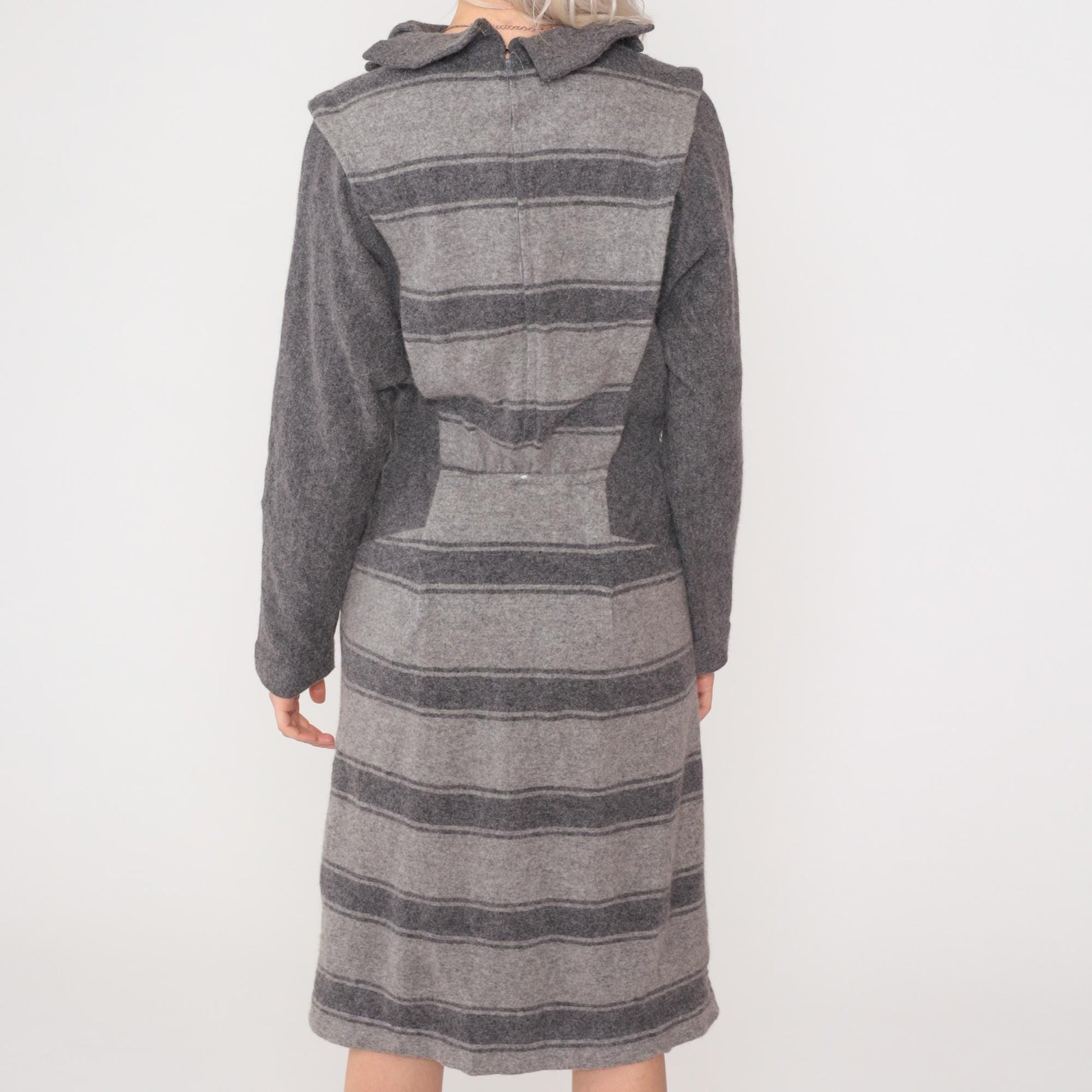 80s Grey Striped Wool Midi Dress Mock Neck Elastic Waist Pockets Small