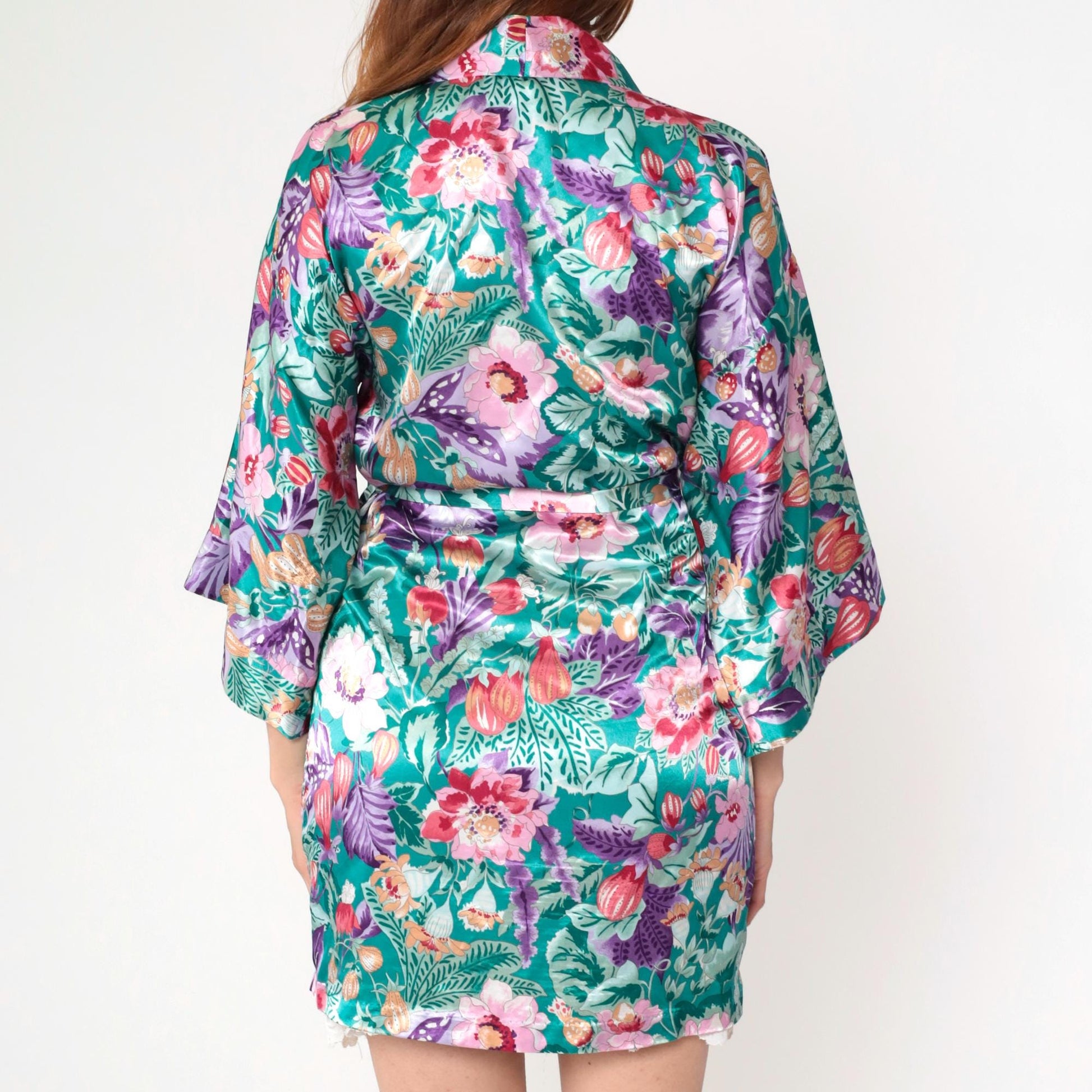 90s Floral Satin Kimono Robe Mini Green Wrap Front Small Medium Large