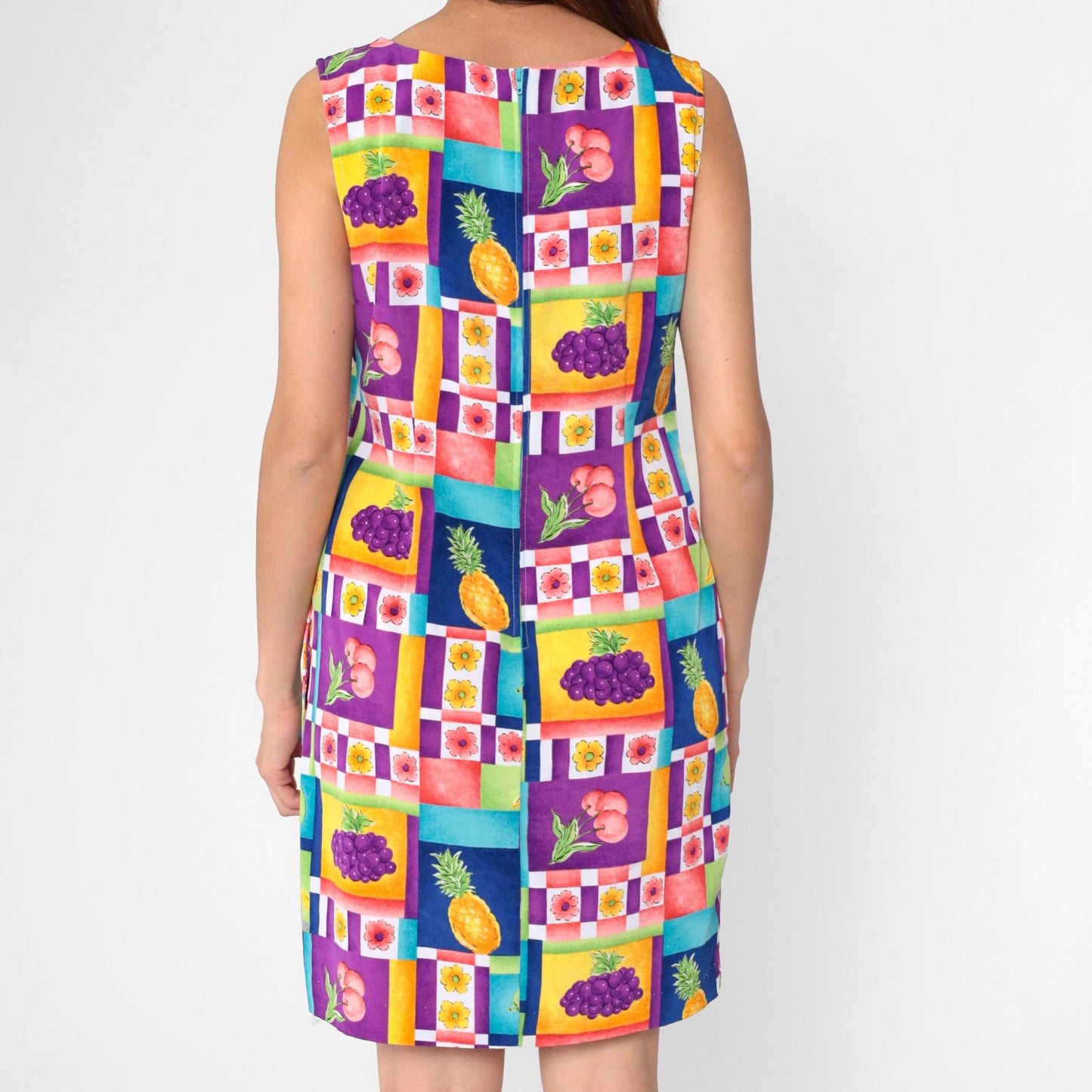 90s Sag Harbor Fruit Floral Mini Dress Sleeveless Square Neck Sheath Medium Petite