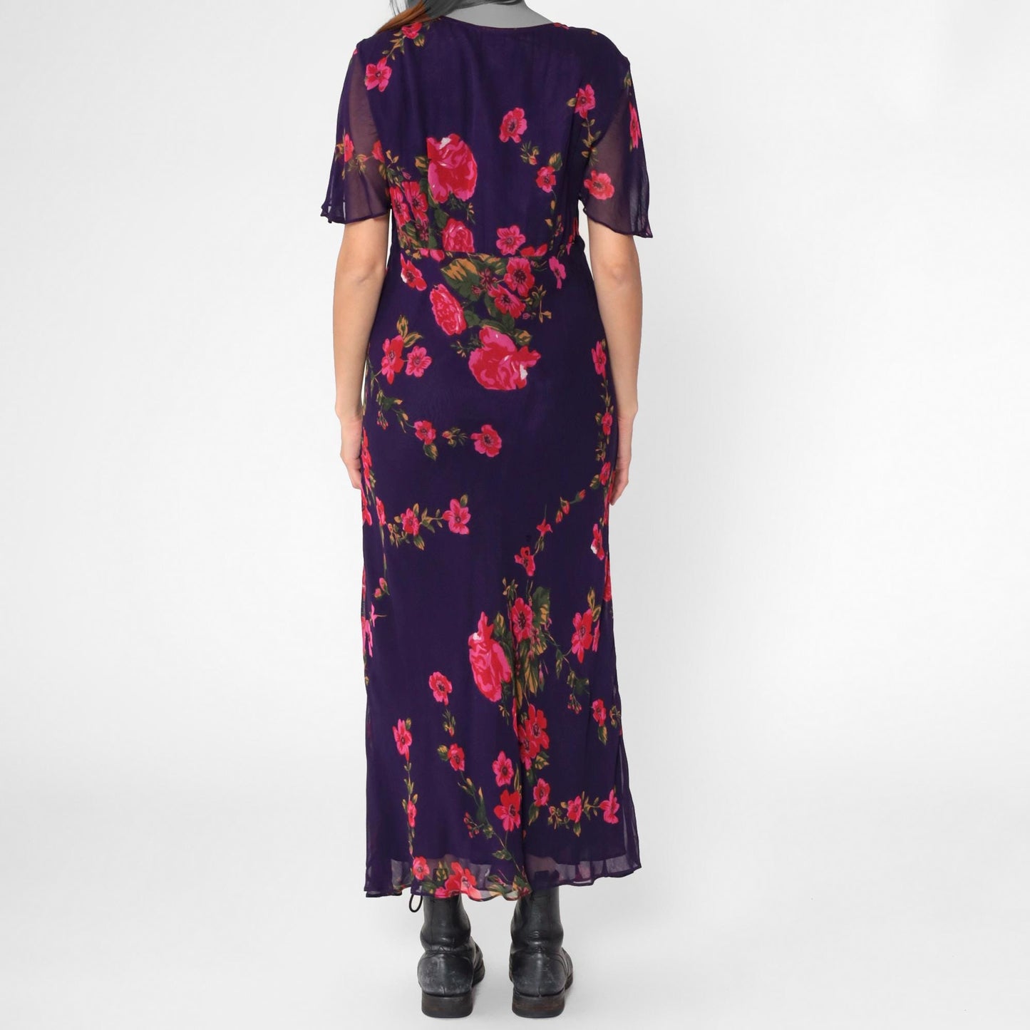 Y2K Purple Floral Chiffon Maxi Dress Flutter Sleeve High Waist V Neck Large L
