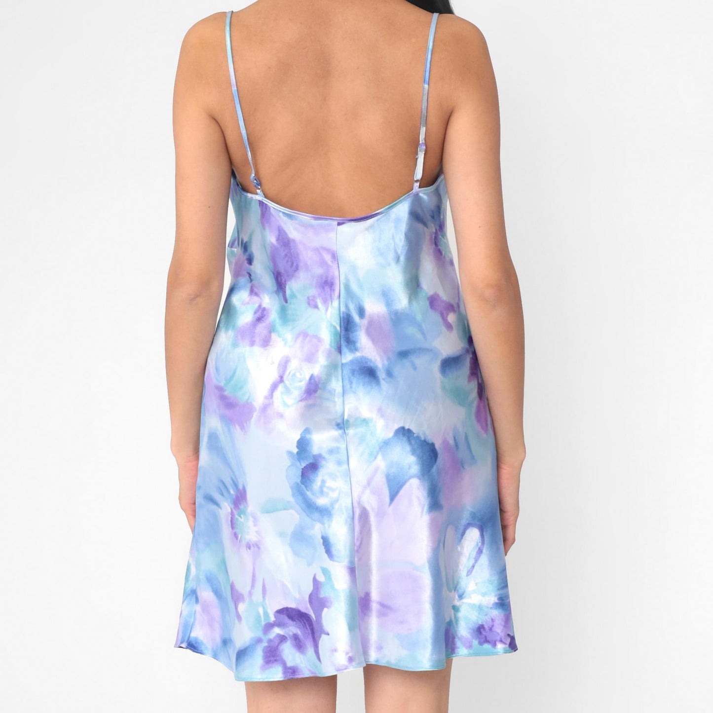 90s California Dynasty Floral Satin Slip Dress Cowl Neck Mini Chiffon Medium M
