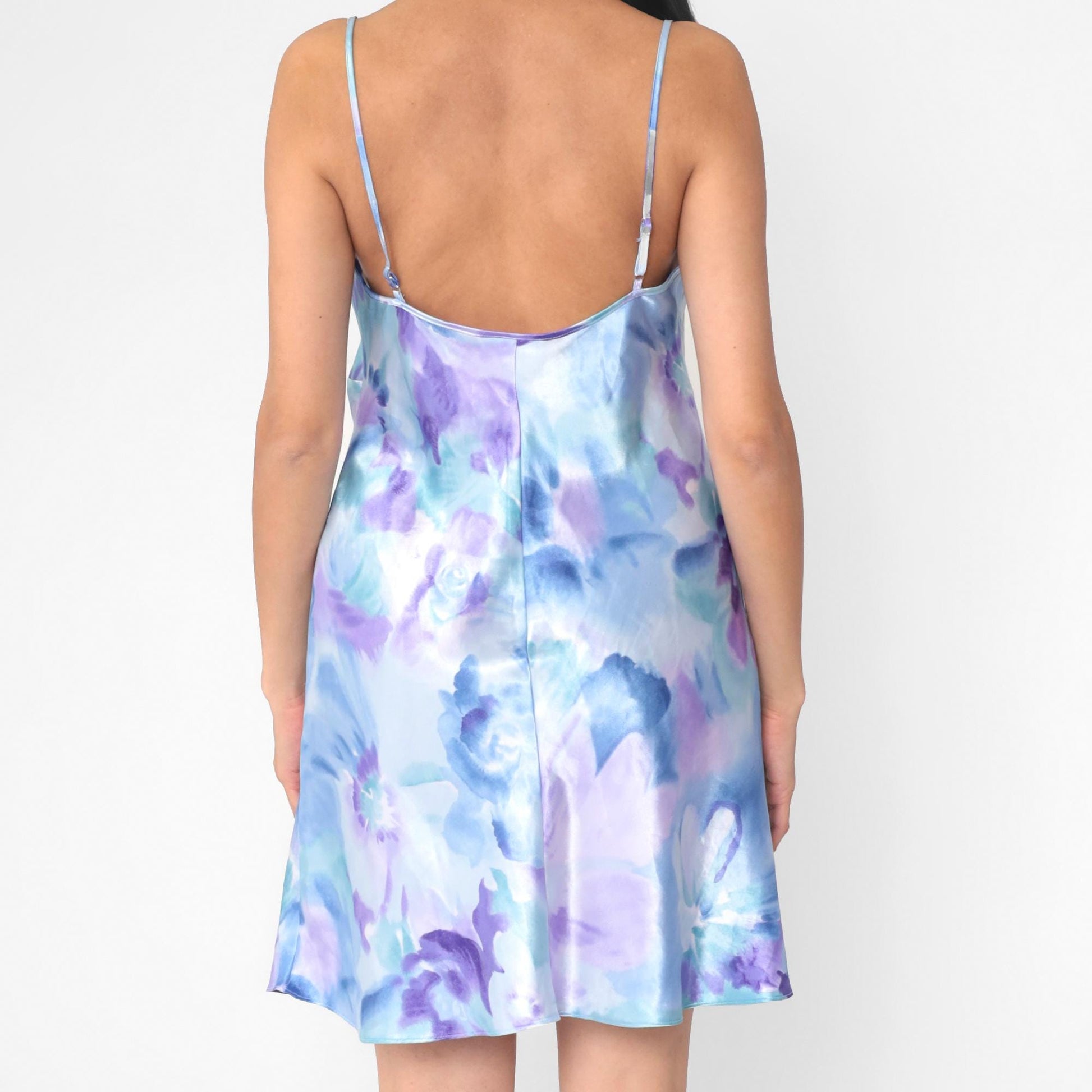 90s California Dynasty Floral Satin Slip Dress Cowl Neck Mini Chiffon Medium M