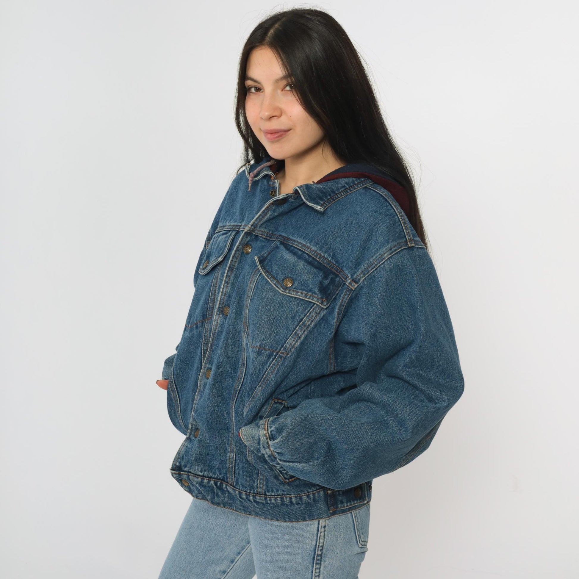 90s Eagles Ridge Outfitters Hooded Denim Jacket Blue Burgundy Medium