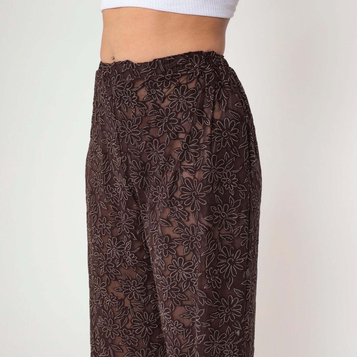 90s Brown Sheer Floral Burnout High-Waist Straight Tapered Trousers Small