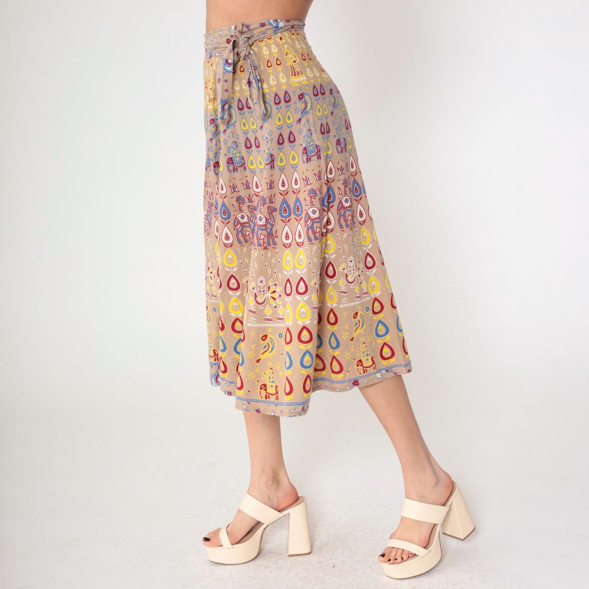 90s Indian Wrap Skirt Camel Floral Print Midi Cotton Small-Large