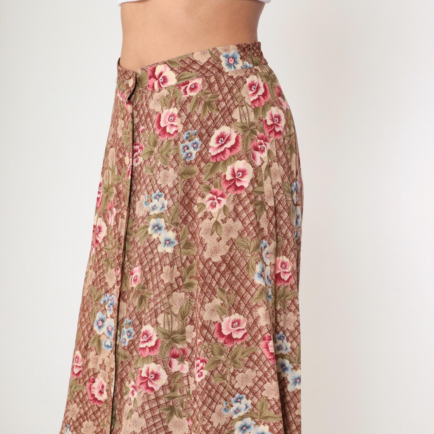 90s Sag Harbor Floral Midi Skirt Brown Checkered Button Front Medium M