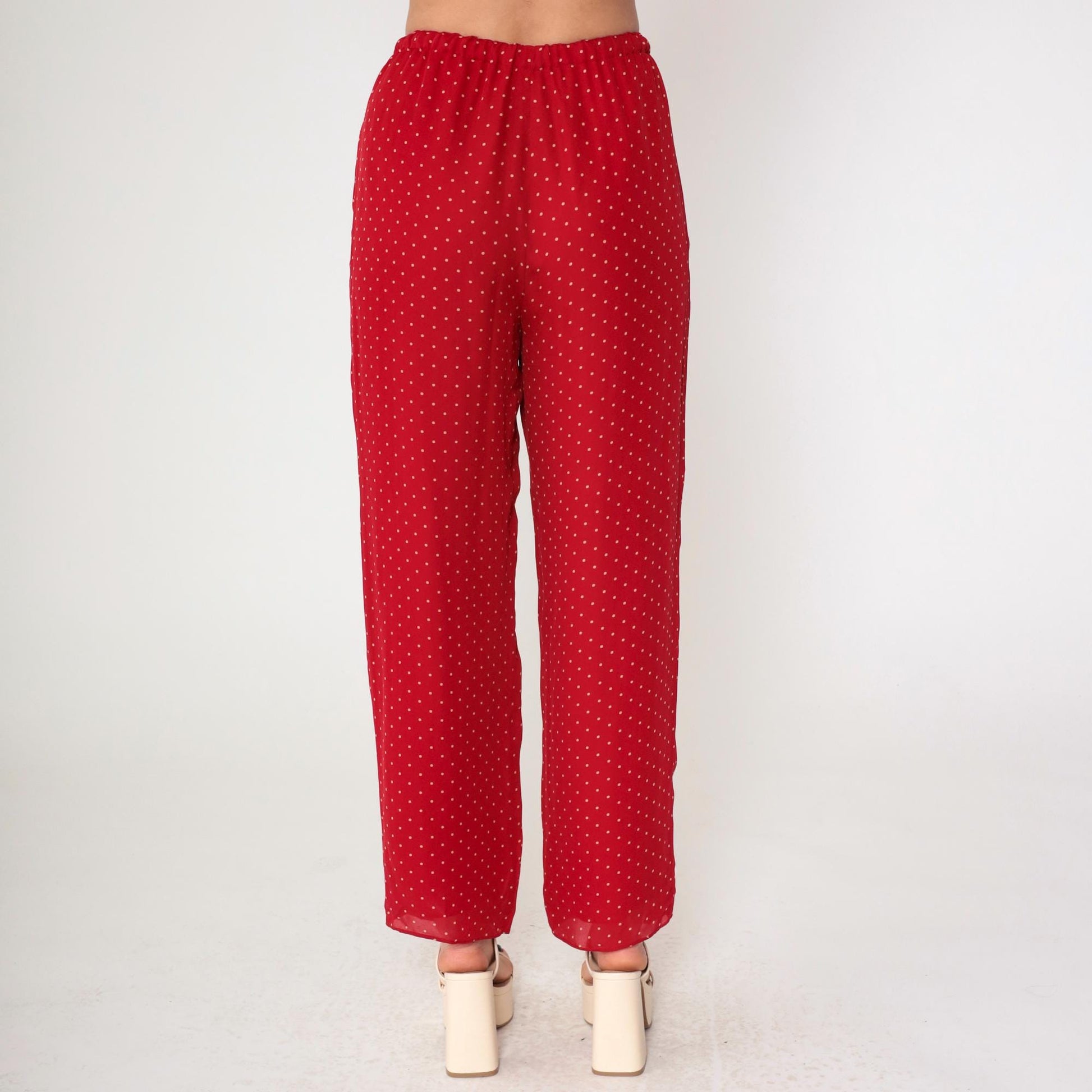 Y2K Ralph Lauren Red Silk Polka Dot Pull-On Trousers Wide Leg Medium M
